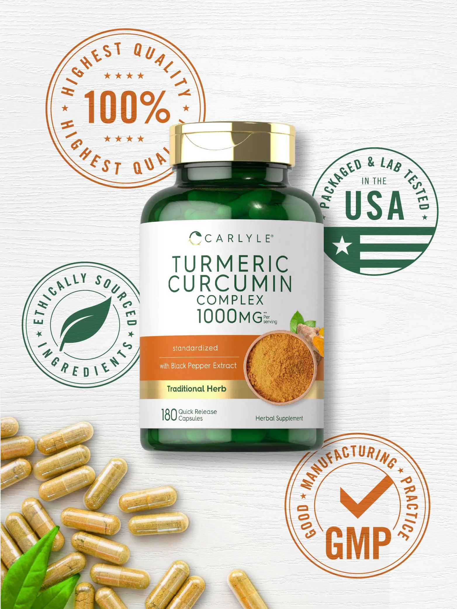 Carlyle Turmeric Curcumin with Black Pepper | 180 Capsules | Turmeric Complex Supplement | Non-GMO, Gluten Free - Image 5