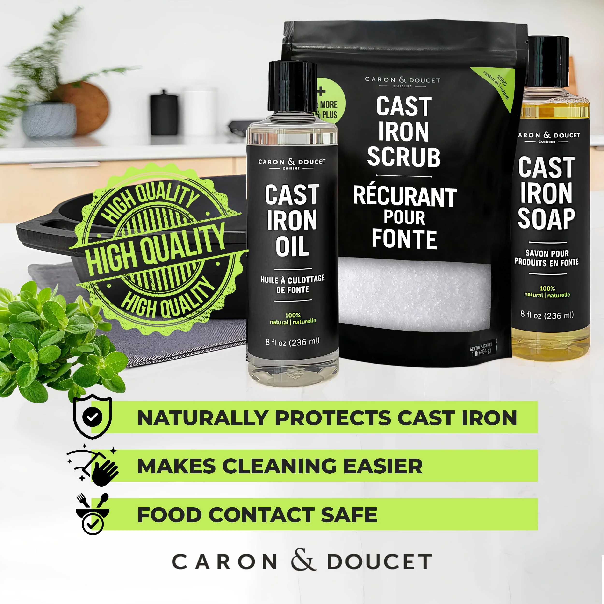 CARON & DOUCET – New Ultimate Cast Iron Set: Seasoning Oil, Cleaning Soap & Restoring Scrub | 100% Plant-Based & Best for Cleaning Care, Washing, Restoring & Seasoning Skillets, Pans & Grills! - Image 3