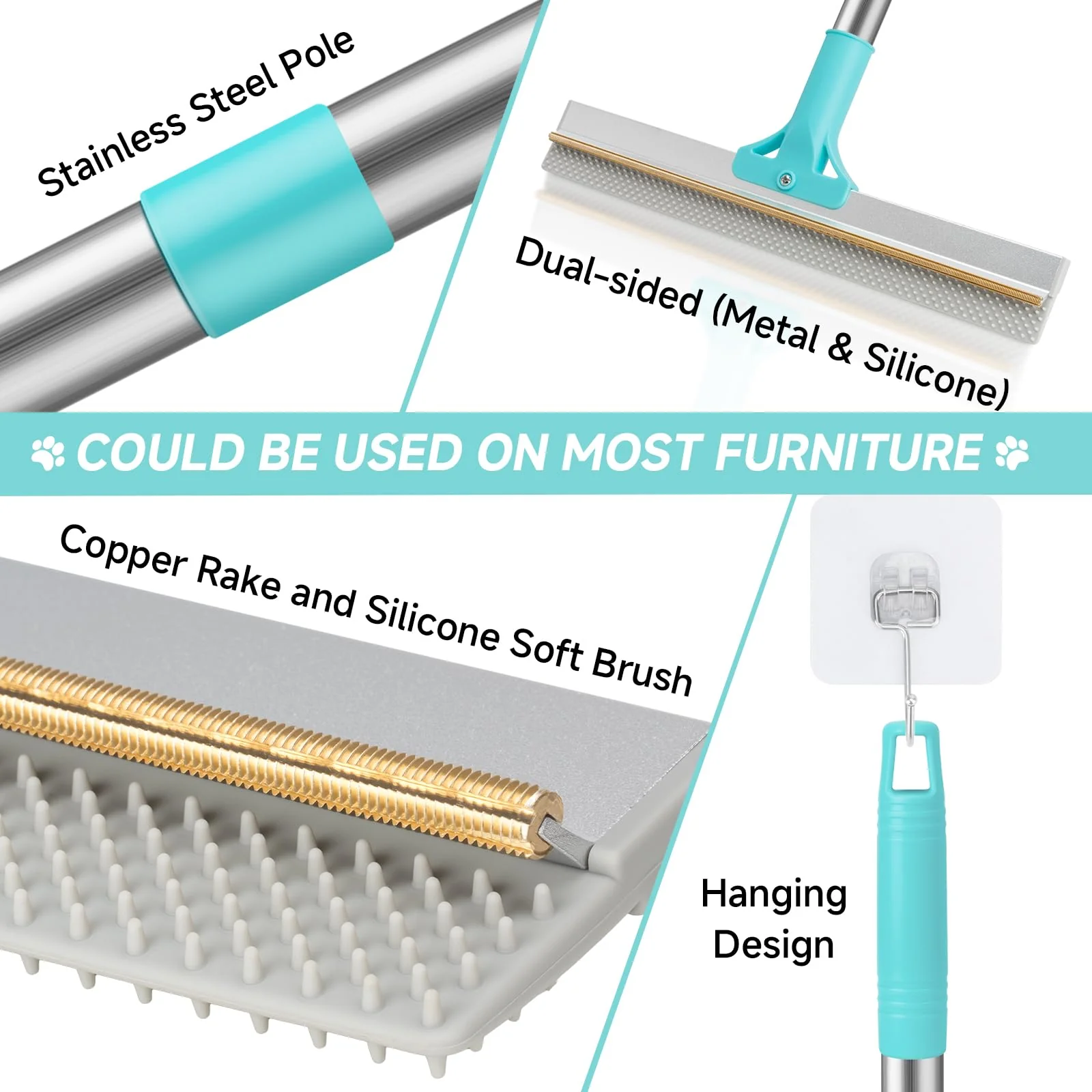 Carpet Rake for Pet Hair Removal Tool, Reusable Pet Hair Remover Broom, Dog&Cat Hair Remover Scraper Rake with 54” Adjustable Long Handle, 3 Pcs Carpet Brush Rake for Rugs, Mats, Couch, Furniture - Image 2