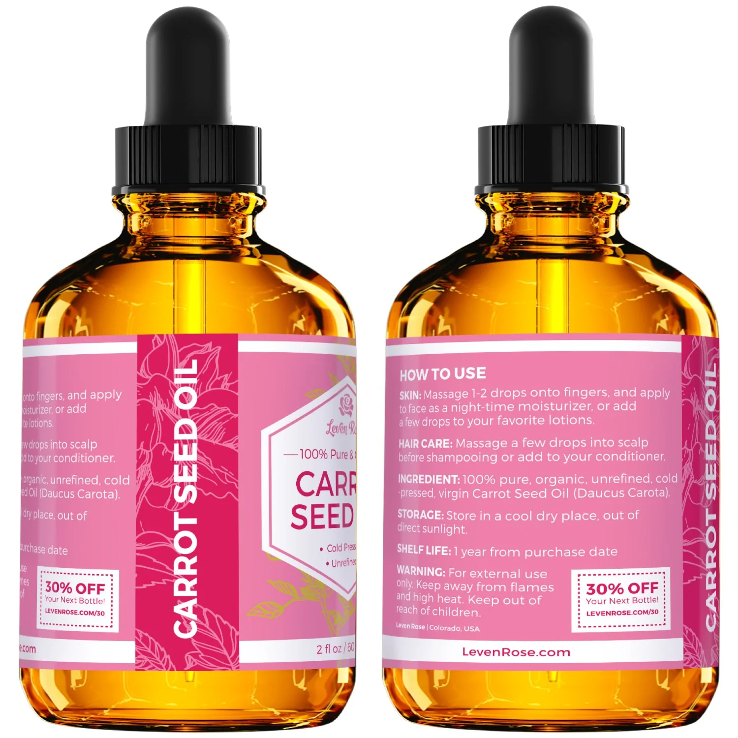 Carrot Seed Oil by Leven Rose, 100% Pure Unrefined Cold Pressed Moisturizer for Hair Skin and Nails 2 oz - Image 5