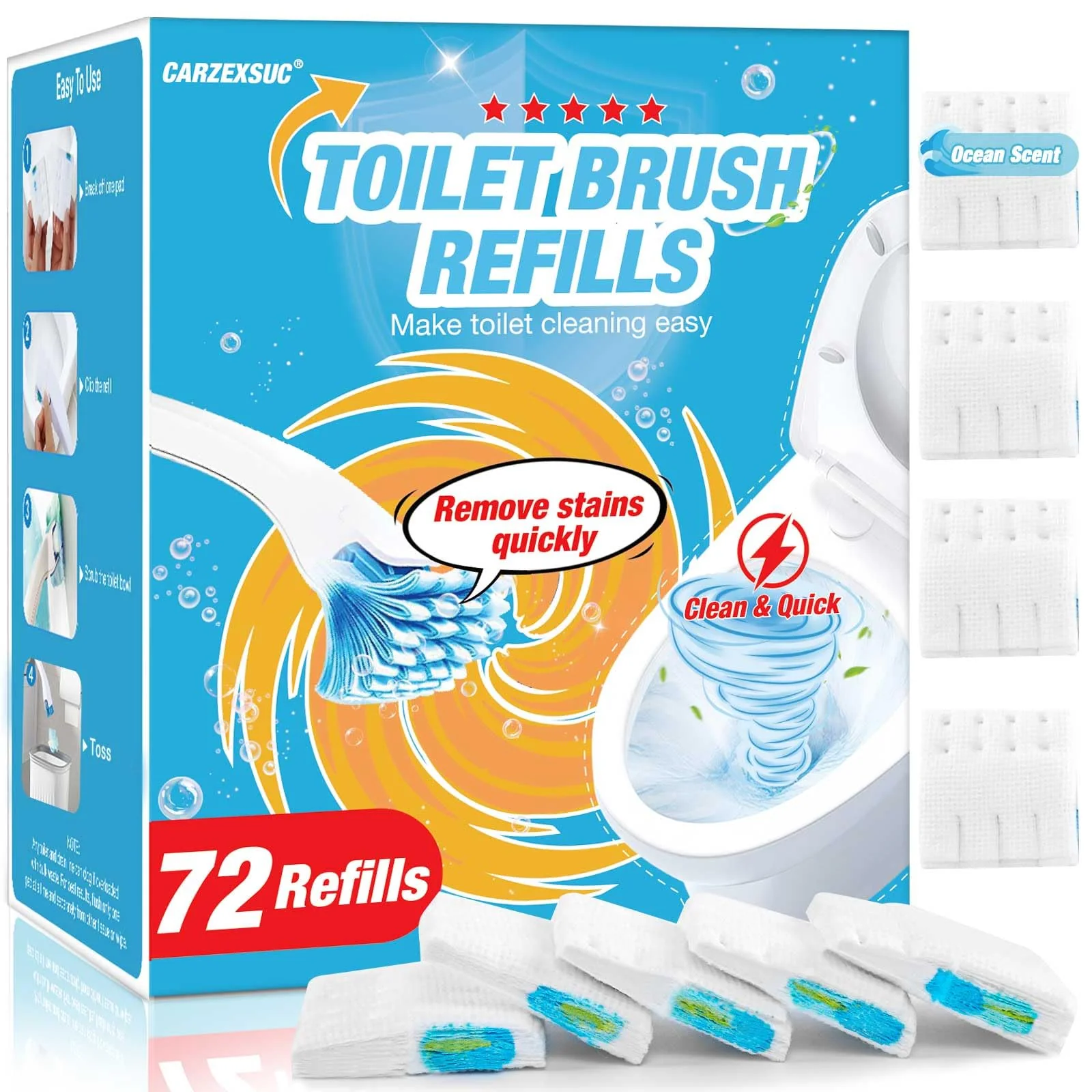 CARZEXSUC Toilet Cleaner Refill Pads Ocean Scent Enhanced Odor Control 72 Count Scrubber Refill Clean Stains Disposable Toilet Brush Refill for Toilet and Bathroom