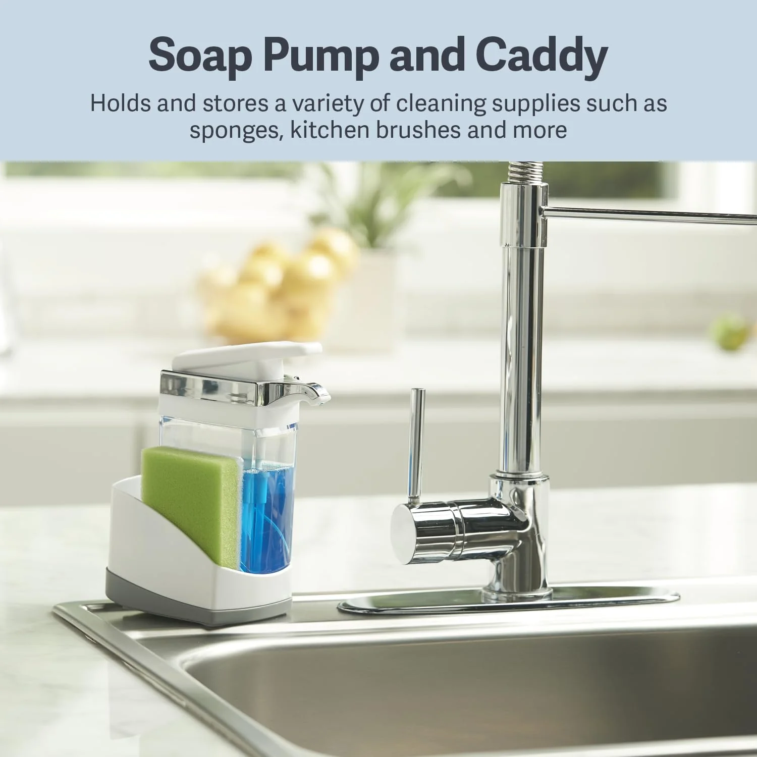 Casabella Sink Sider Solo Soap Pump and Sponge Caddy for Kitchen Sinks, Kitchen Sink Organizer Sponge Caddy and Soap Pump Combo, White/Chrome - Image 6