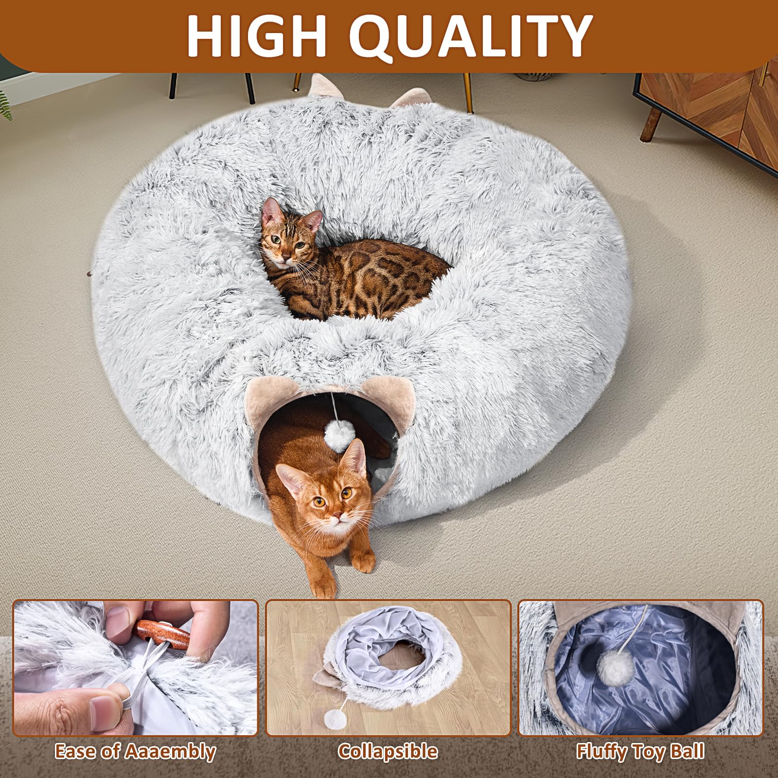 Cat Tunnel with Cat Bed for Indoor Cats, Under Christmas Tree Soft Plush Peekaboo Cat Cave Donut Tunnel, Multifunctional Playground Toys Hideplace for Kittens, Rabbit, Ferret (Grey) - Image 4