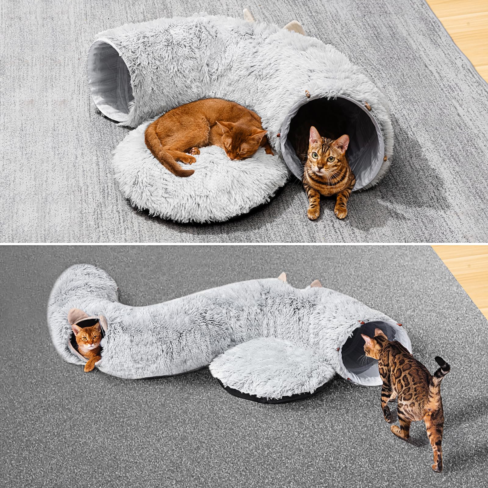 Cat Tunnel with Cat Bed for Indoor Cats, Under Christmas Tree Soft Plush Peekaboo Cat Cave Donut Tunnel, Multifunctional Playground Toys Hideplace for Kittens, Rabbit, Ferret (Grey) - Image 7