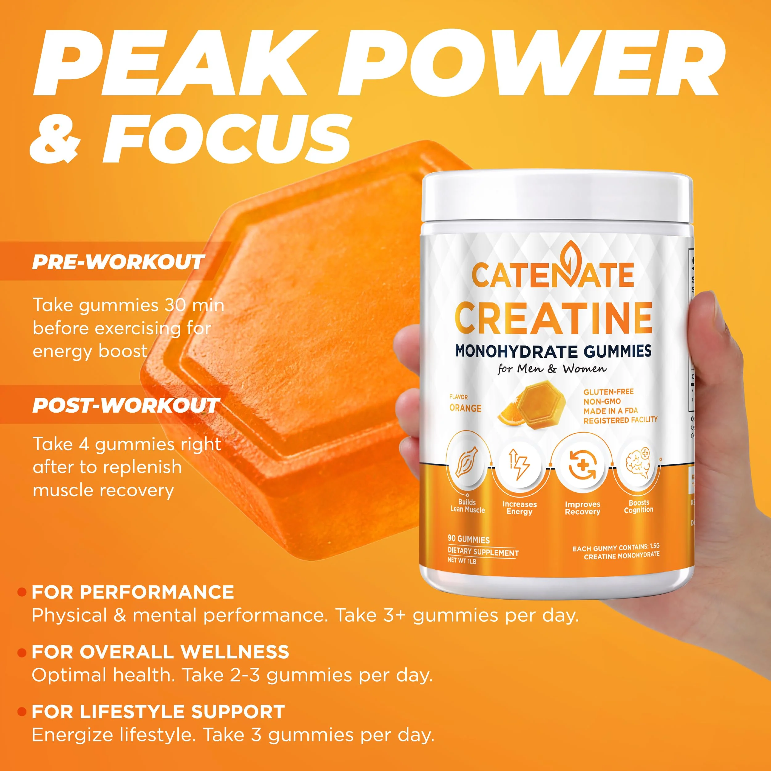 CATENATE Creatine Gummies for Women & Men, 4500MG Creatine Monohydrate Gummies, Great Taste, Muscle Strength, Endurance & Recovery Support, Vegan, Gluten-Free, Non-GMO, 90 Count (Orange) - Image 2