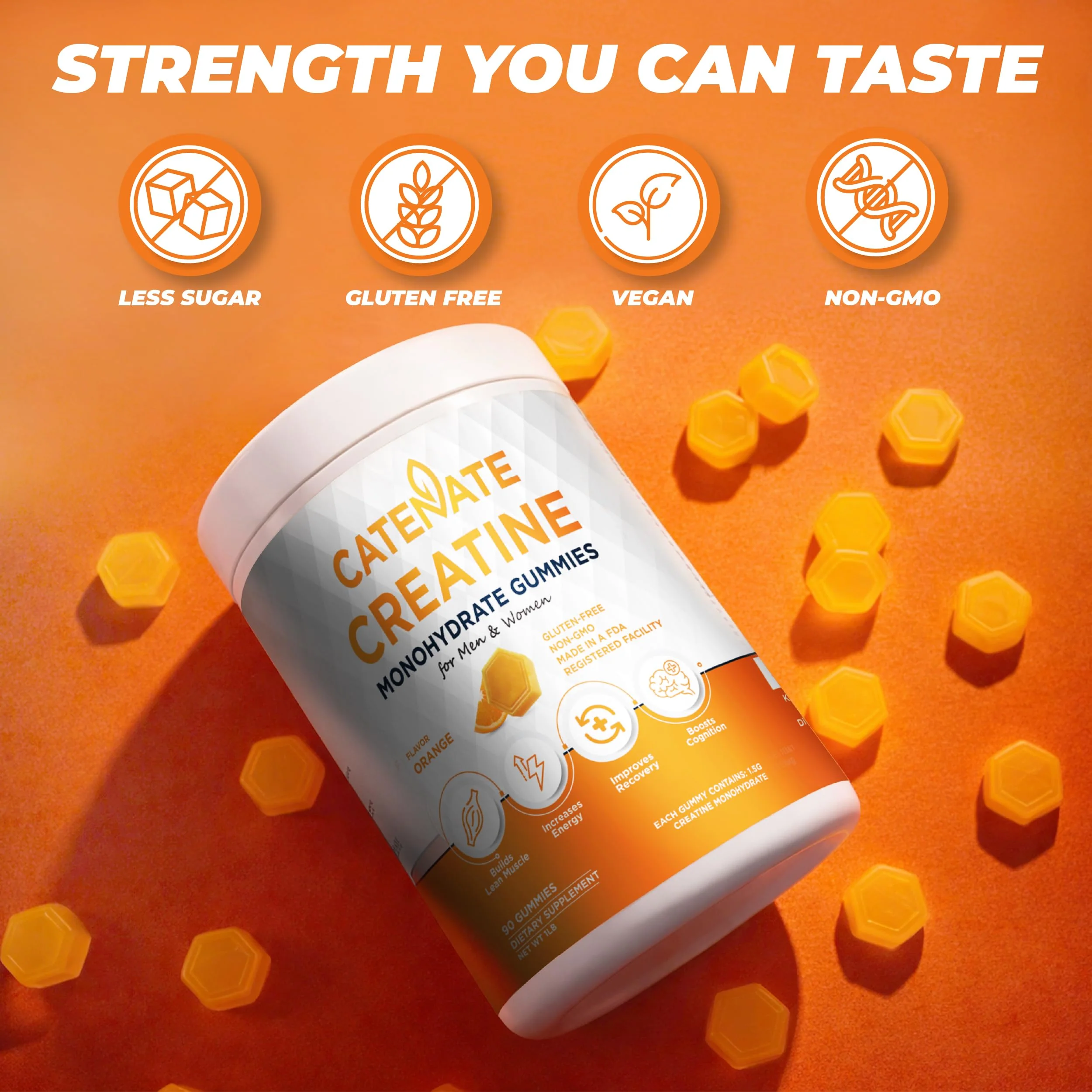 CATENATE Creatine Gummies for Women & Men, 4500MG Creatine Monohydrate Gummies, Great Taste, Muscle Strength, Endurance & Recovery Support, Vegan, Gluten-Free, Non-GMO, 90 Count (Orange) - Image 5