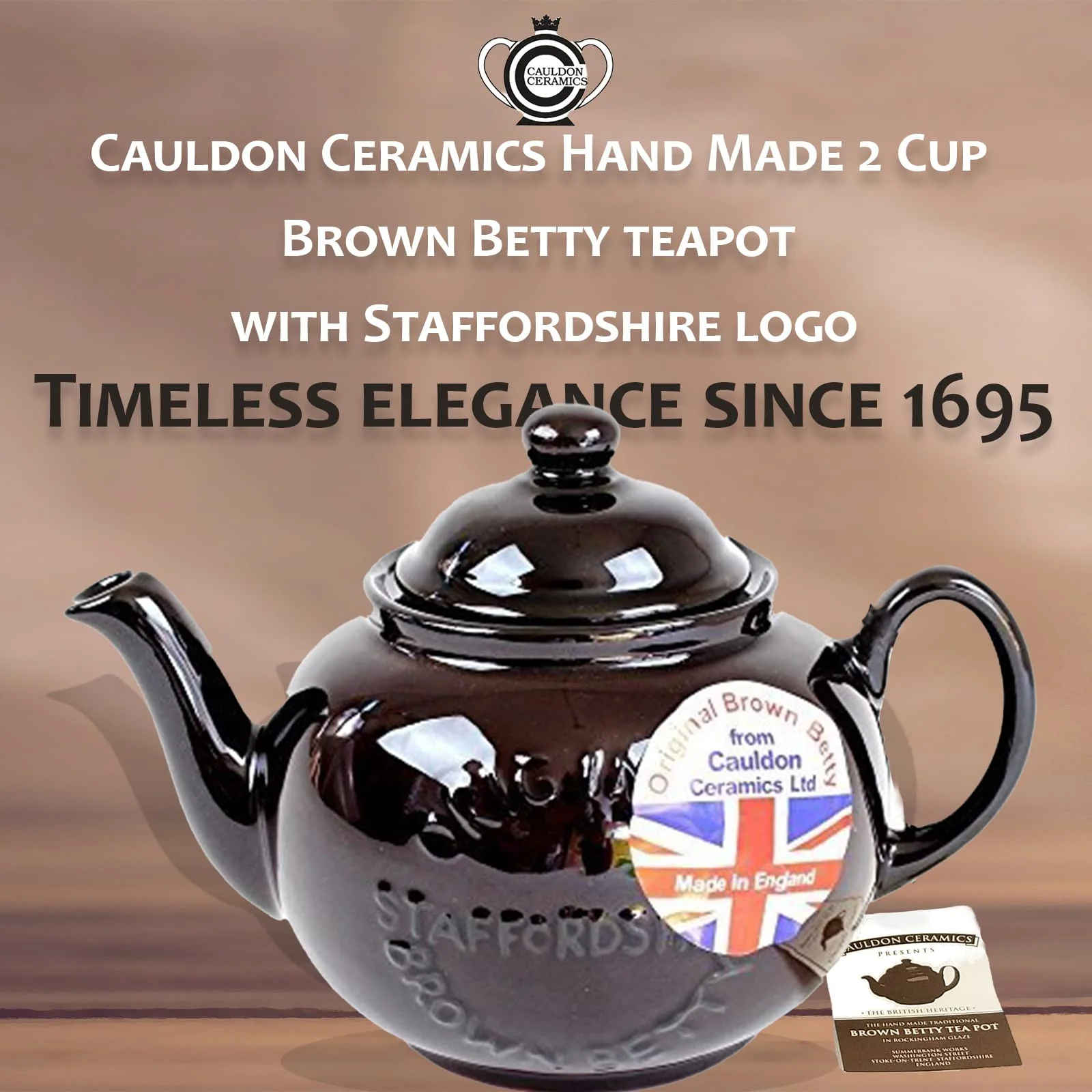 Cauldon Ceramics Classic Brown Betty Tea Pot | Hand Made 2 Cup Brown Betty Teapot with Logo | Made with Staffordshire Red Clay | Traditional Teapot | Authentic, Made in England Teapot | 20 Fl Oz