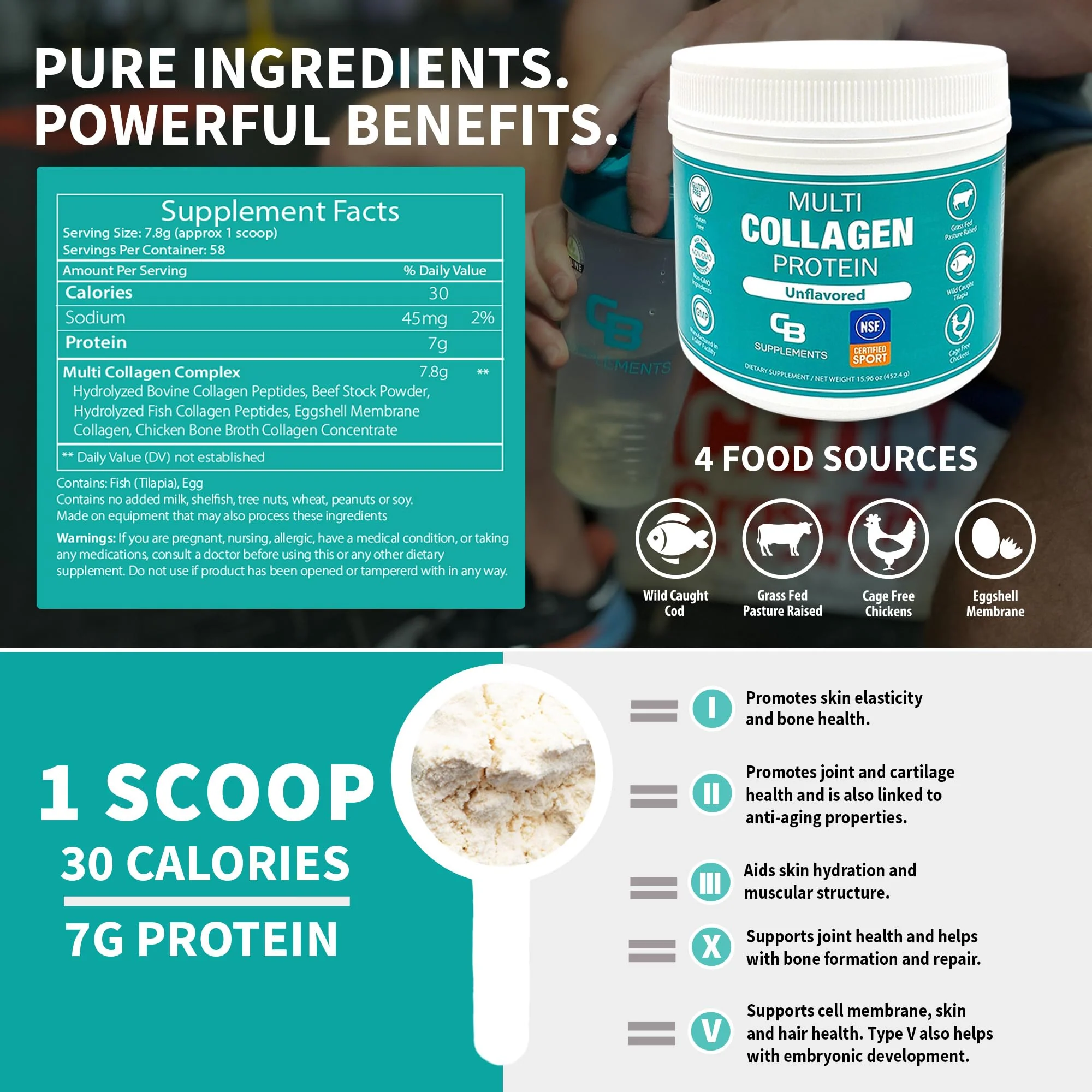 CB Supplements NSF Certified for Sport Multi Collagen Protein Powder Bone, Skin, Hair, and Joint Support | Hydrolyzed Collagen Supplements (58 Servings (Pack of 1), Unflavored) - Image 5