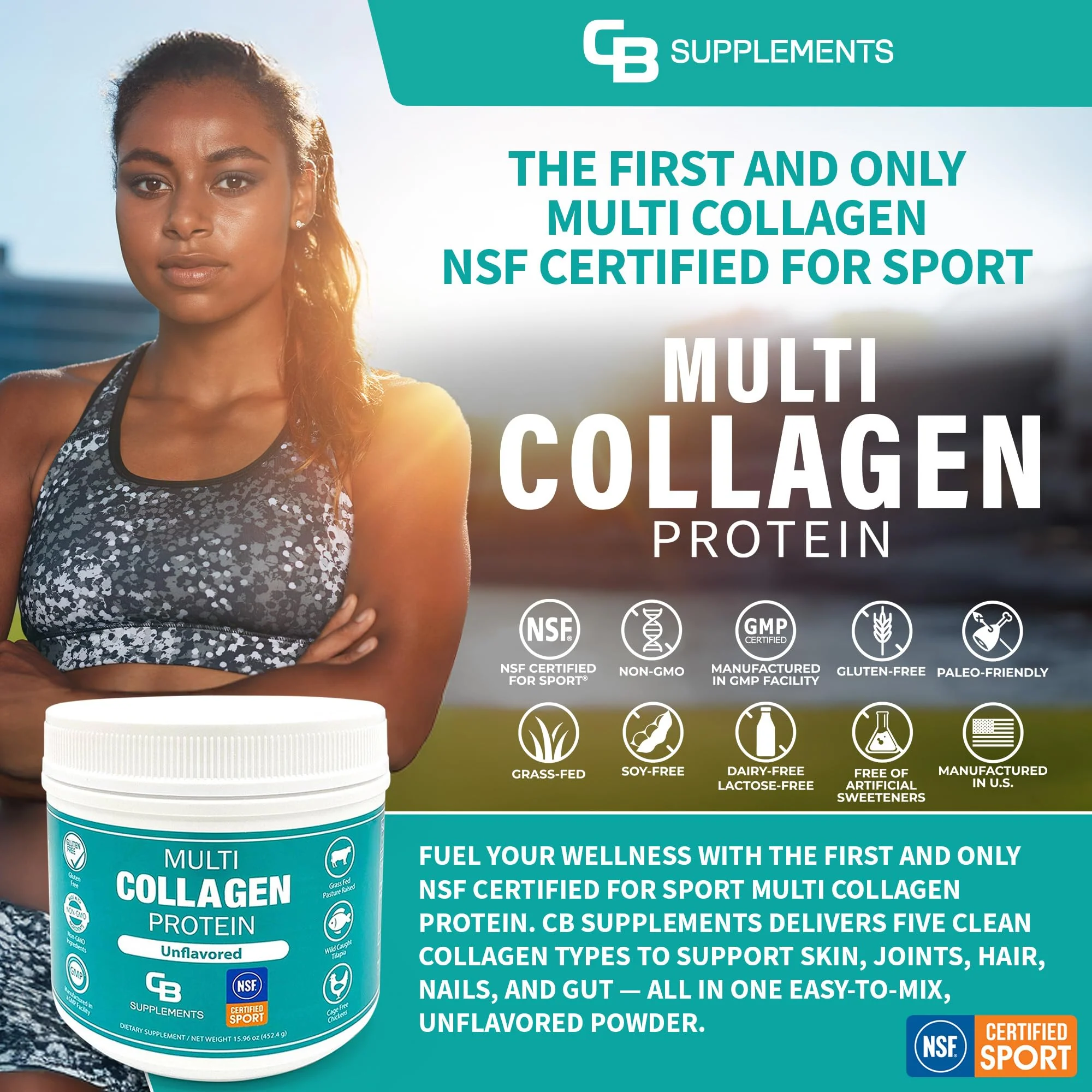 CB Supplements NSF Certified for Sport Multi Collagen Protein Powder Bone, Skin, Hair, and Joint Support | Hydrolyzed Collagen Supplements (58 Servings (Pack of 1), Unflavored) - Image 6