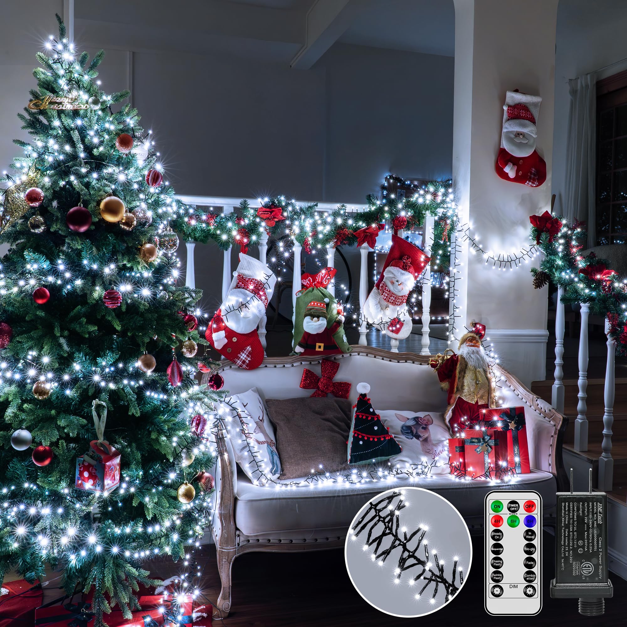 Ccinny 1200 LED 59 FT Cluster Lights, White Christmas Tree Lights 8 Modes Timer Remote, Waterproof String Lights for Indoor Outside Garland Xmas Decorations