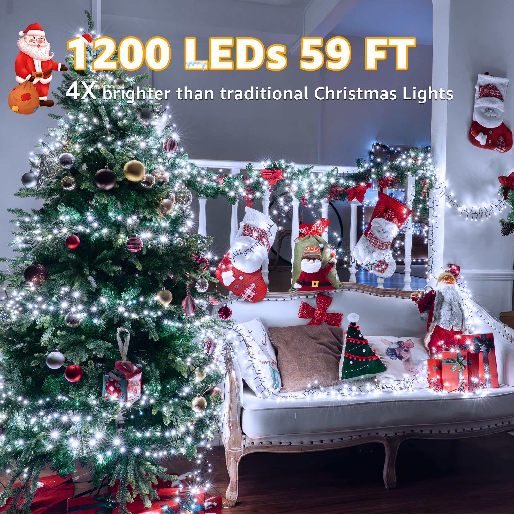 Ccinny 1200 LED 59 FT Cluster Lights, White Christmas Tree Lights 8 Modes Timer Remote, Waterproof String Lights for Indoor Outside Garland Xmas Decorations - Image 3