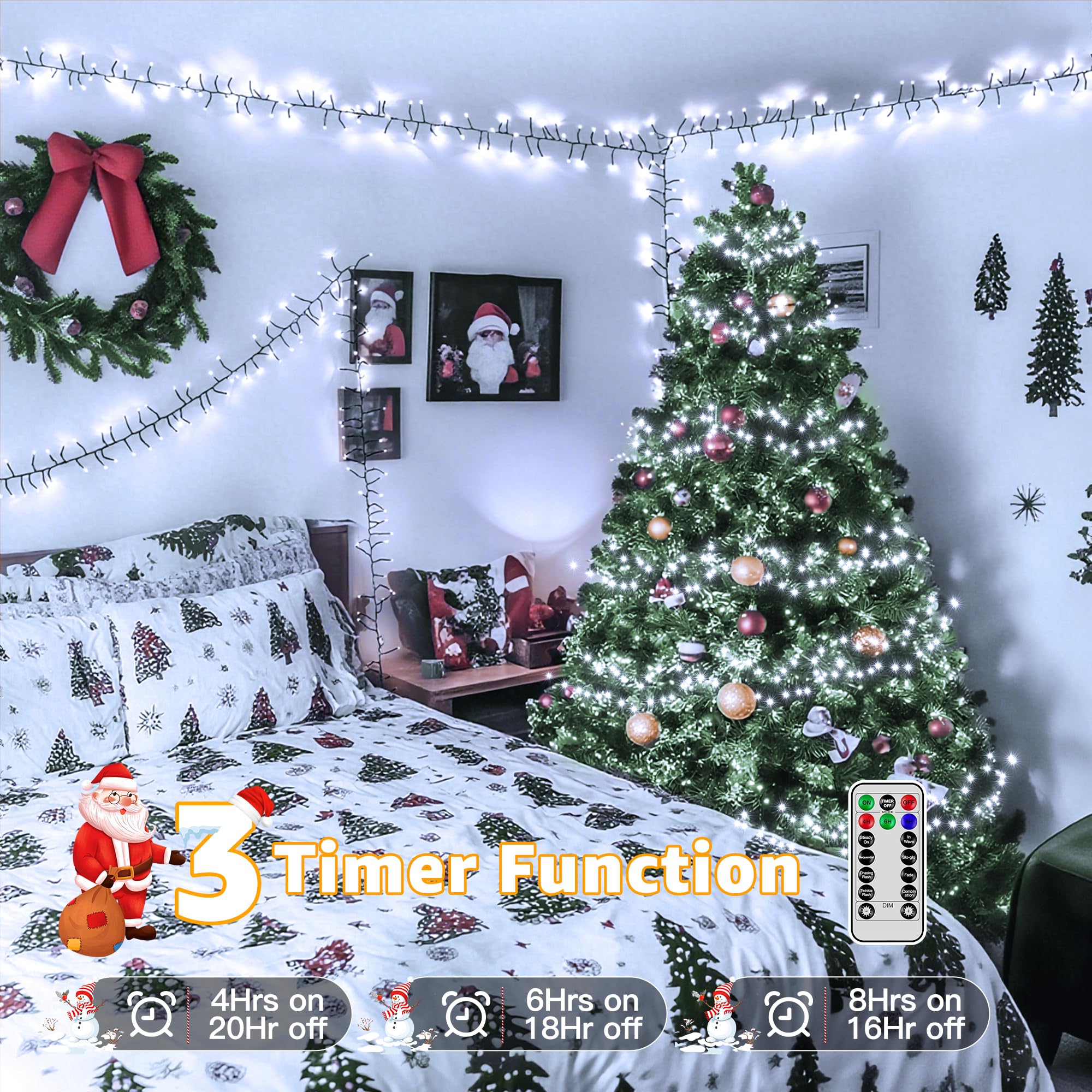 Ccinny 1200 LED 59 FT Cluster Lights, White Christmas Tree Lights 8 Modes Timer Remote, Waterproof String Lights for Indoor Outside Garland Xmas Decorations - Image 6