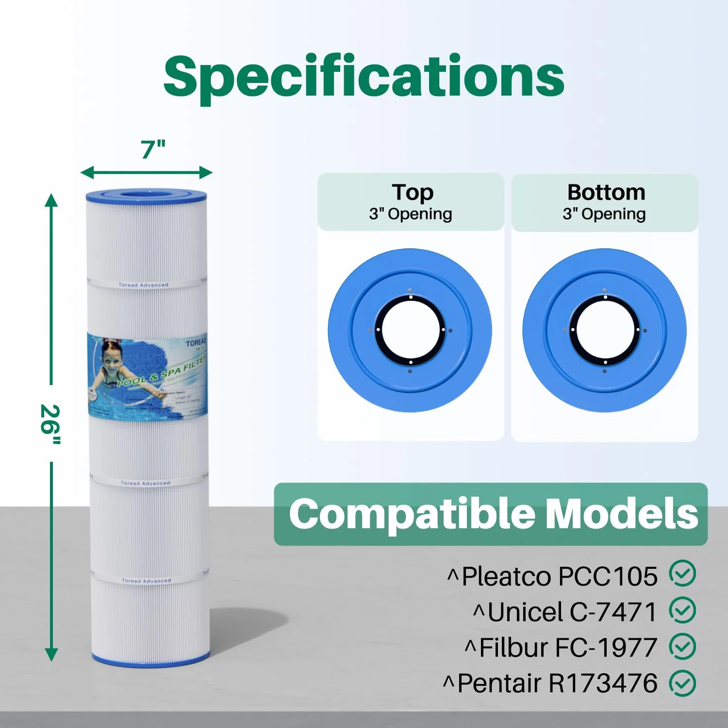 CCP420 Pool Filter Replaces Pentair Clean and Clear Plus 420, PCC105-PAK4, Ultral-A6, Unicel C-7471, R173576, Filbur FC-1977, 817-0106, 178584, 570-0425, 4X105 sq. ft. Cartridge, L x OD: 26"x7" - Image 8