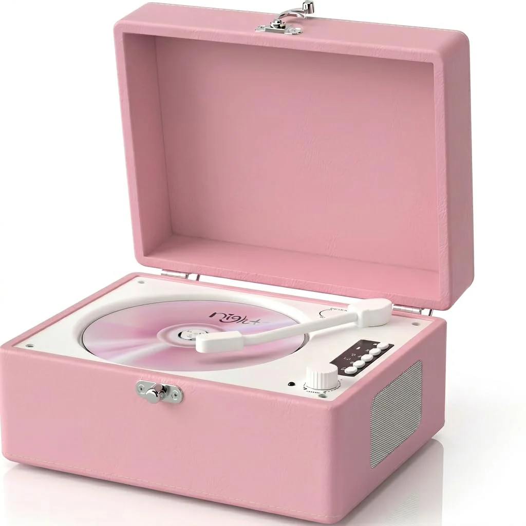 CD Player with Stereo Speakers, Wireless Bluetooth Input/Output Transmission, Rechargeable Battery, USB Retro CD Player Desktop for Home Party Decorations - Pink - Image 2