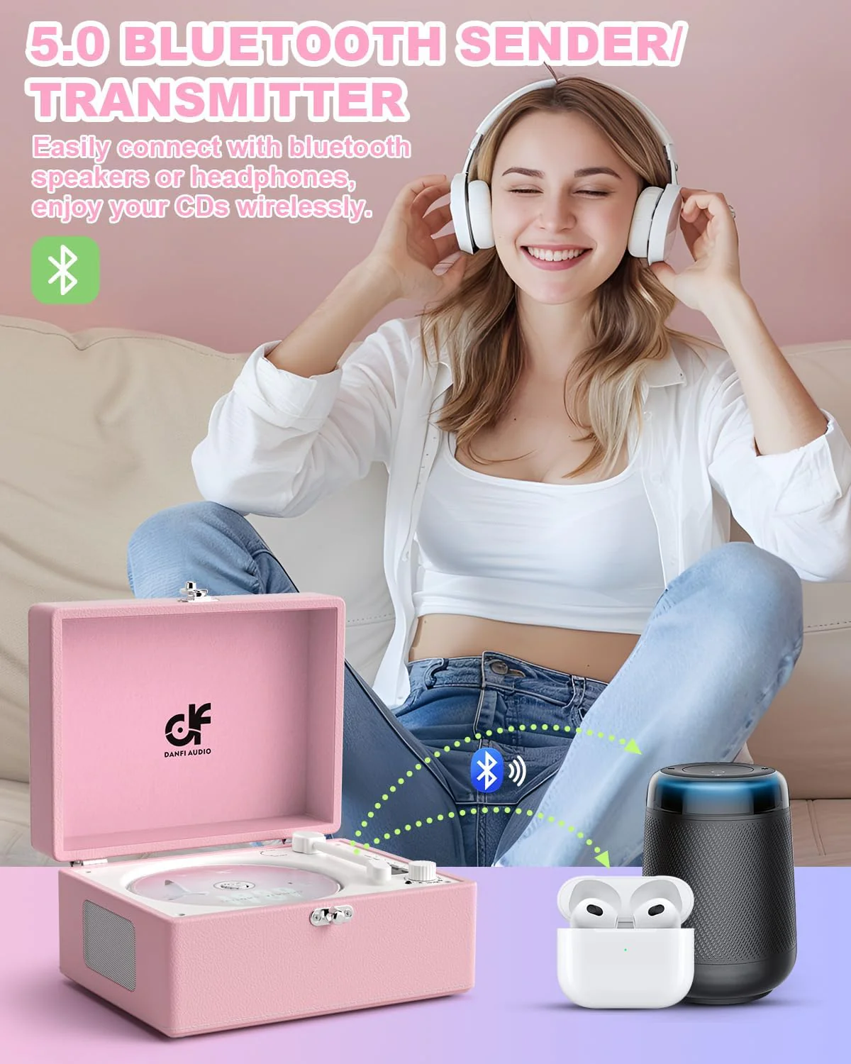 CD Player with Stereo Speakers, Wireless Bluetooth Input/Output Transmission, Rechargeable Battery, USB Retro CD Player Desktop for Home Party Decorations - Pink - Image 5