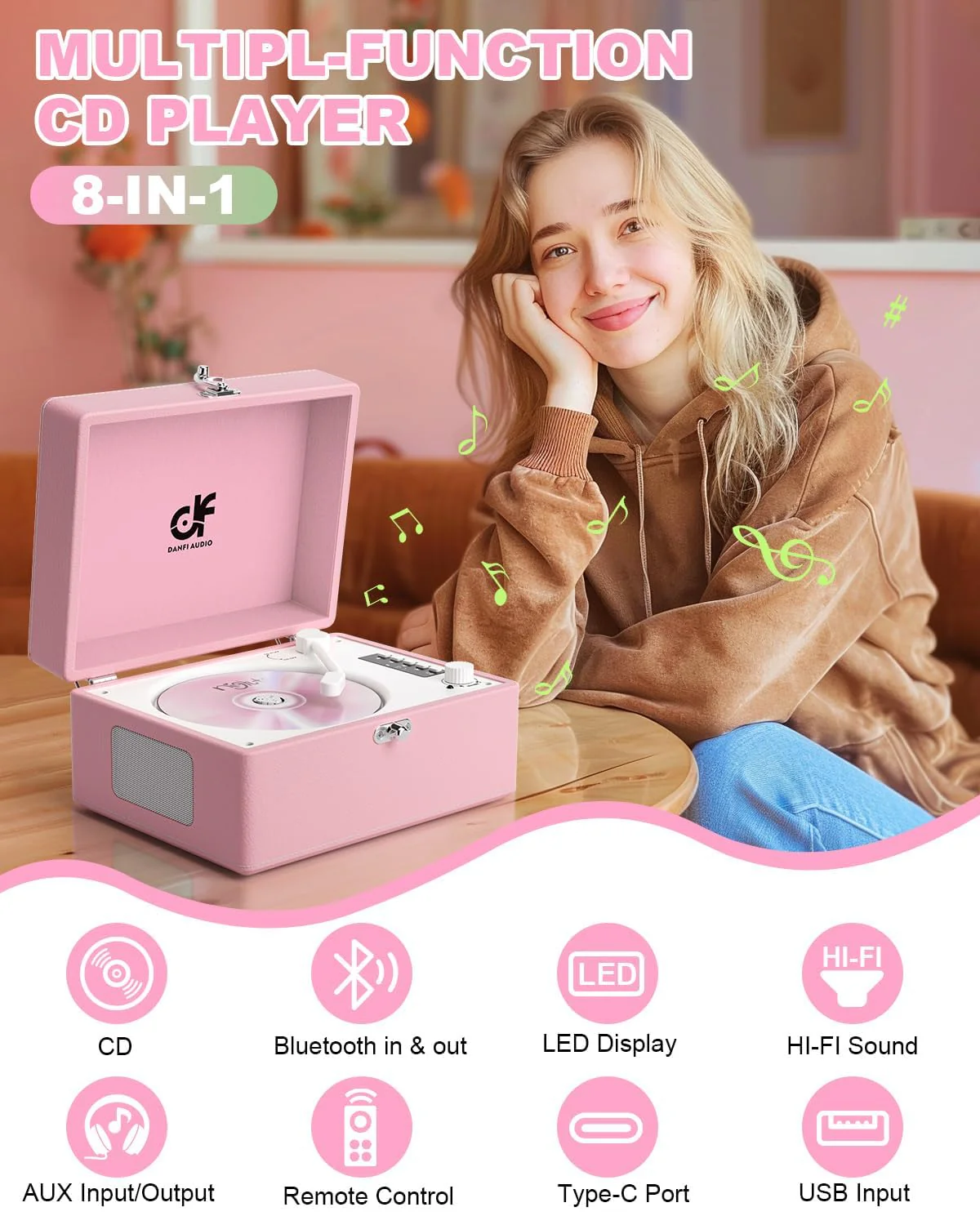 CD Player with Stereo Speakers, Wireless Bluetooth Input/Output Transmission, Rechargeable Battery, USB Retro CD Player Desktop for Home Party Decorations - Pink - Image 9
