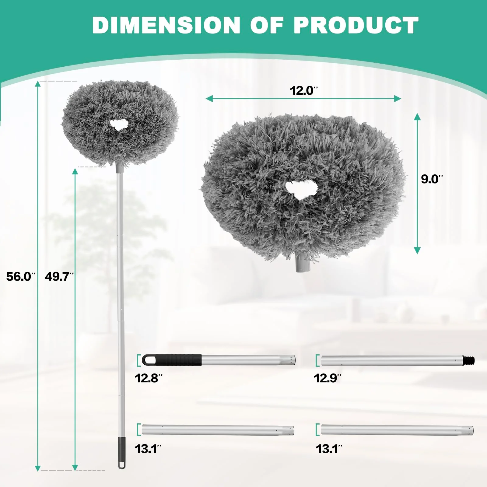 Ceiling Fan Cleaner Duster Reusable Microfiber Ceiling Fan Blade Cleaner Removable Duster with Extension Pole Adjusts 13 to 49.7 Inch for Cleaning Walls Bookshelves Furniture Door Window Top (Gray) - Image 2
