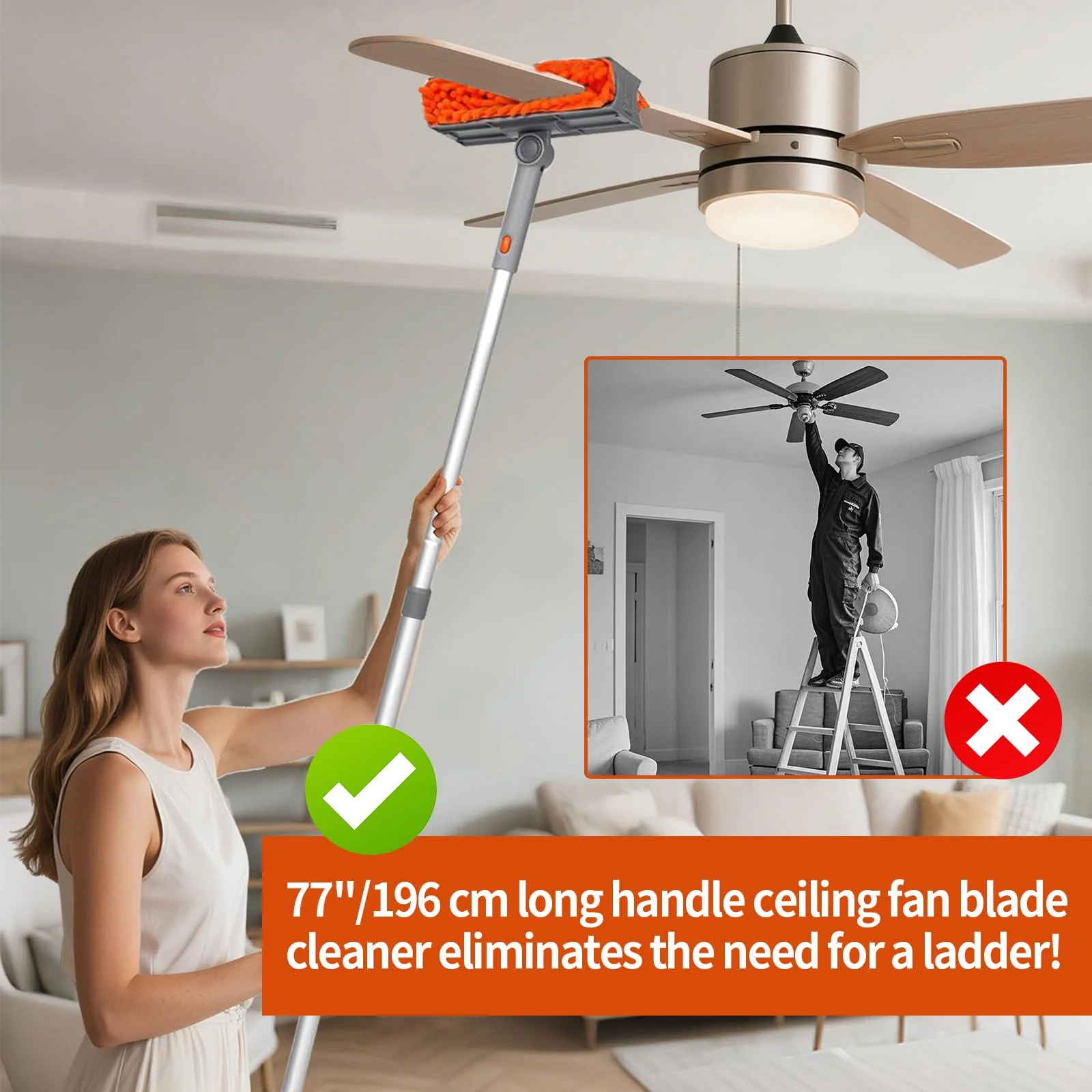 Ceiling Fan Cleaner Duster with 72‘’ Extendable Long Handle Cleaning Duster Kit, Reusable Chenille & Microfiber Mop Head for High Ceiling Fan Blade Wall Blinds Cobweb - Image 8