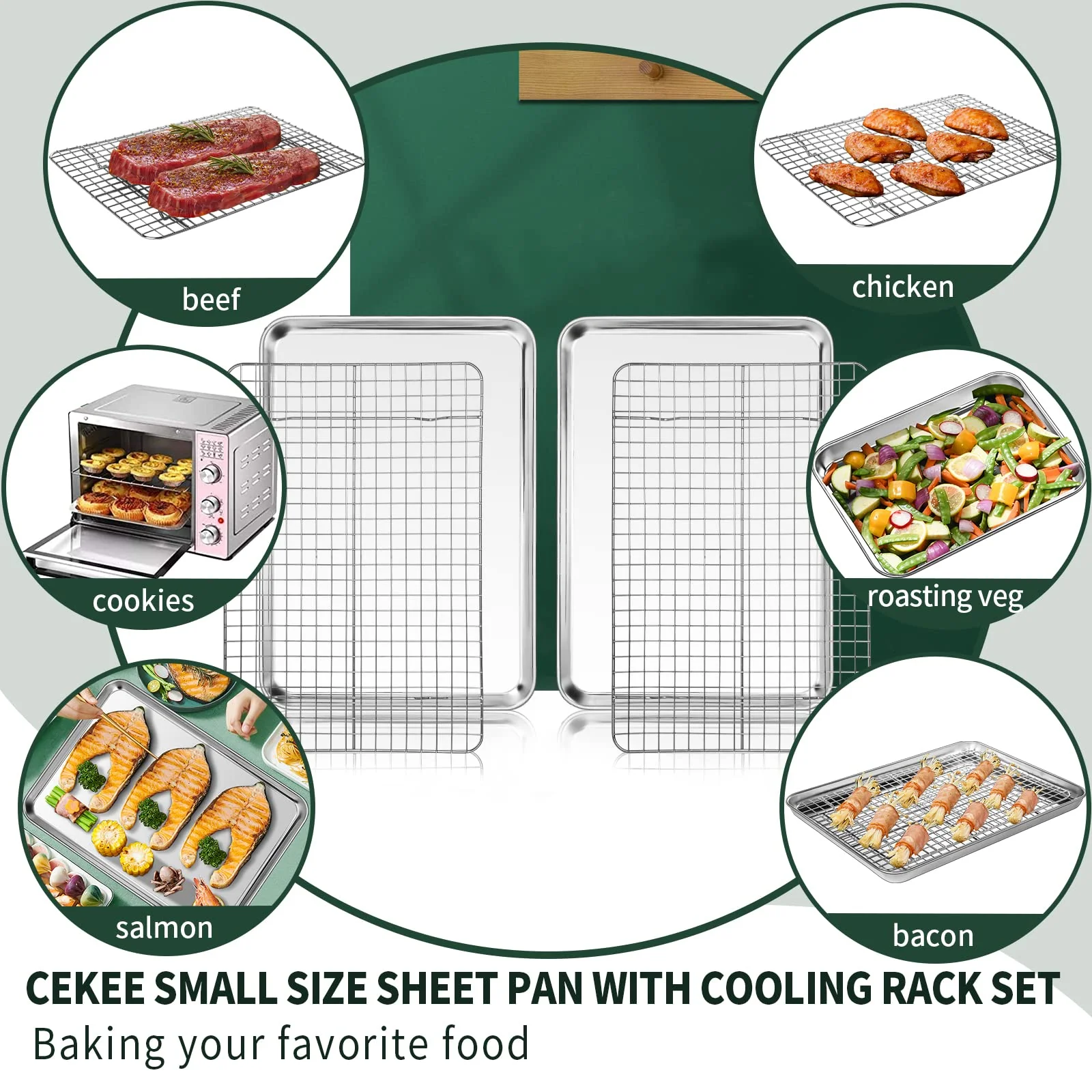 CEKEE 4 PCs Small Baking Sheet With Wire Rack Set [2 Pans + 2 Cooling Racks], 10 Inch Stainless Steel Tray - Rust & Warp Resistant, Easy Clean - Image 4