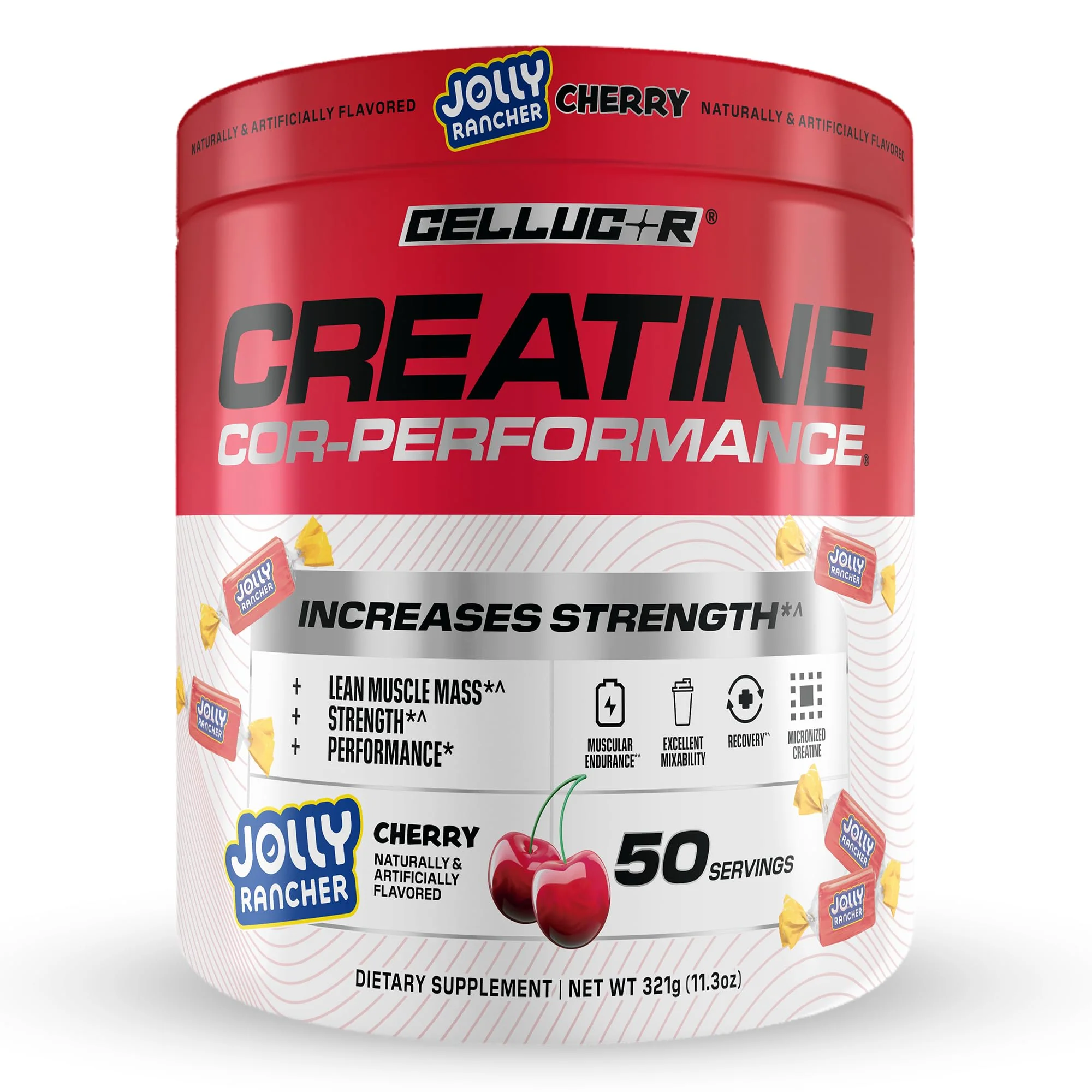 Cellucor Creatine Powder, Jolly Rancher Cherry- Increases Strength, Lean Muscle Mass & Endurance, Micronized Creatine for Fast Absorption, 5g Creatine per Serving, 50 Servings