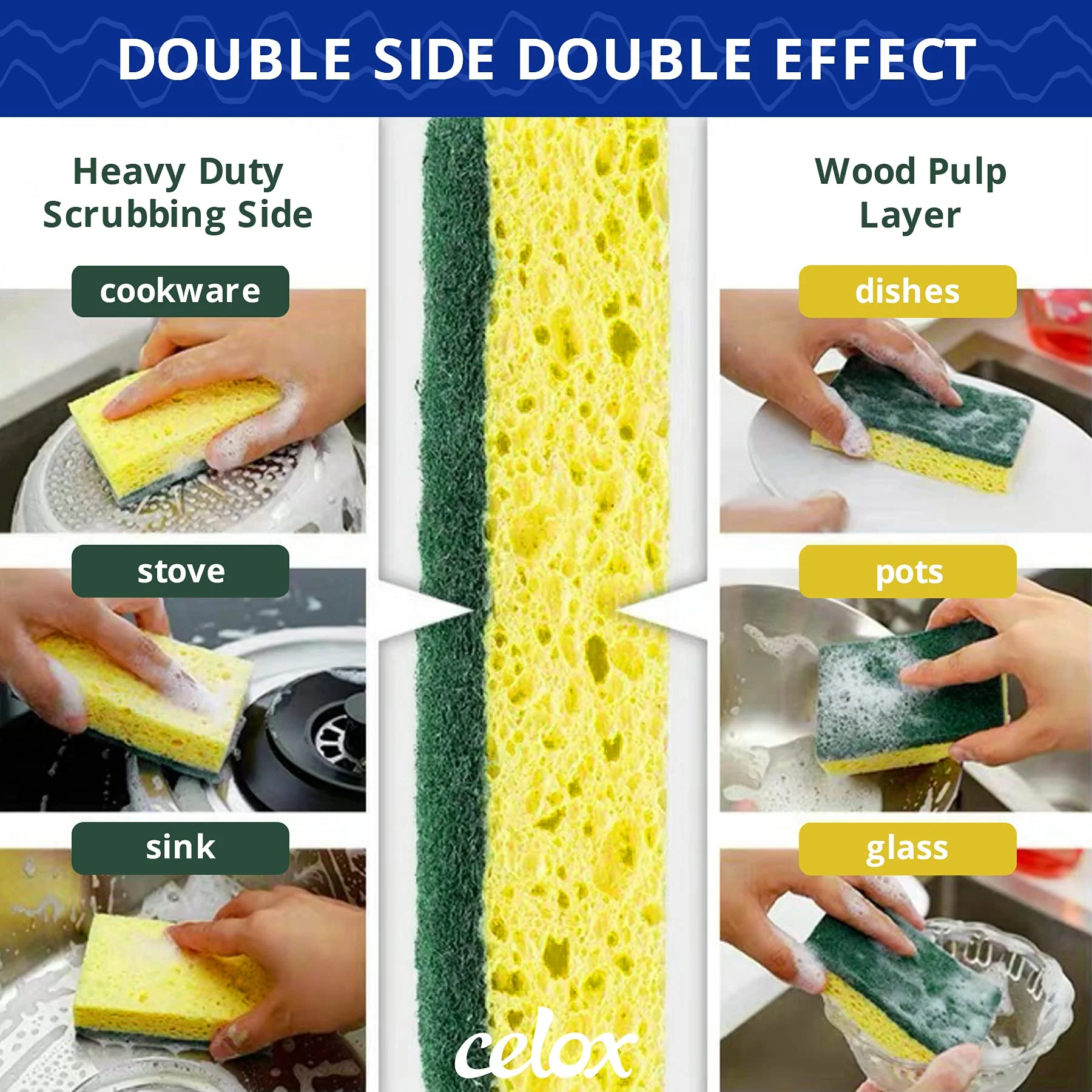 CELOX 36 Pack Dish Sponge for Kitchen, Dual Sided Scrub Sponge Heavy Duty, Non-Scratch Sponges Perfect for Kitchen Dishwashing and Household Cleaning, Highly Absorbent and Easy to Dry for Reuse - Image 6