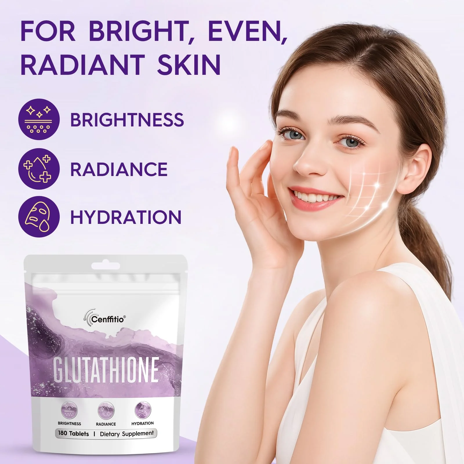Cenffitio Glutathione Supplement – Skin Brightening Formula with Vitamin C, Niacinamide, Licorice Extract, Collagen & Hyaluronic Acid – for Skin Brightness, Radiance & Hydration – 180 Tablets - Image 2
