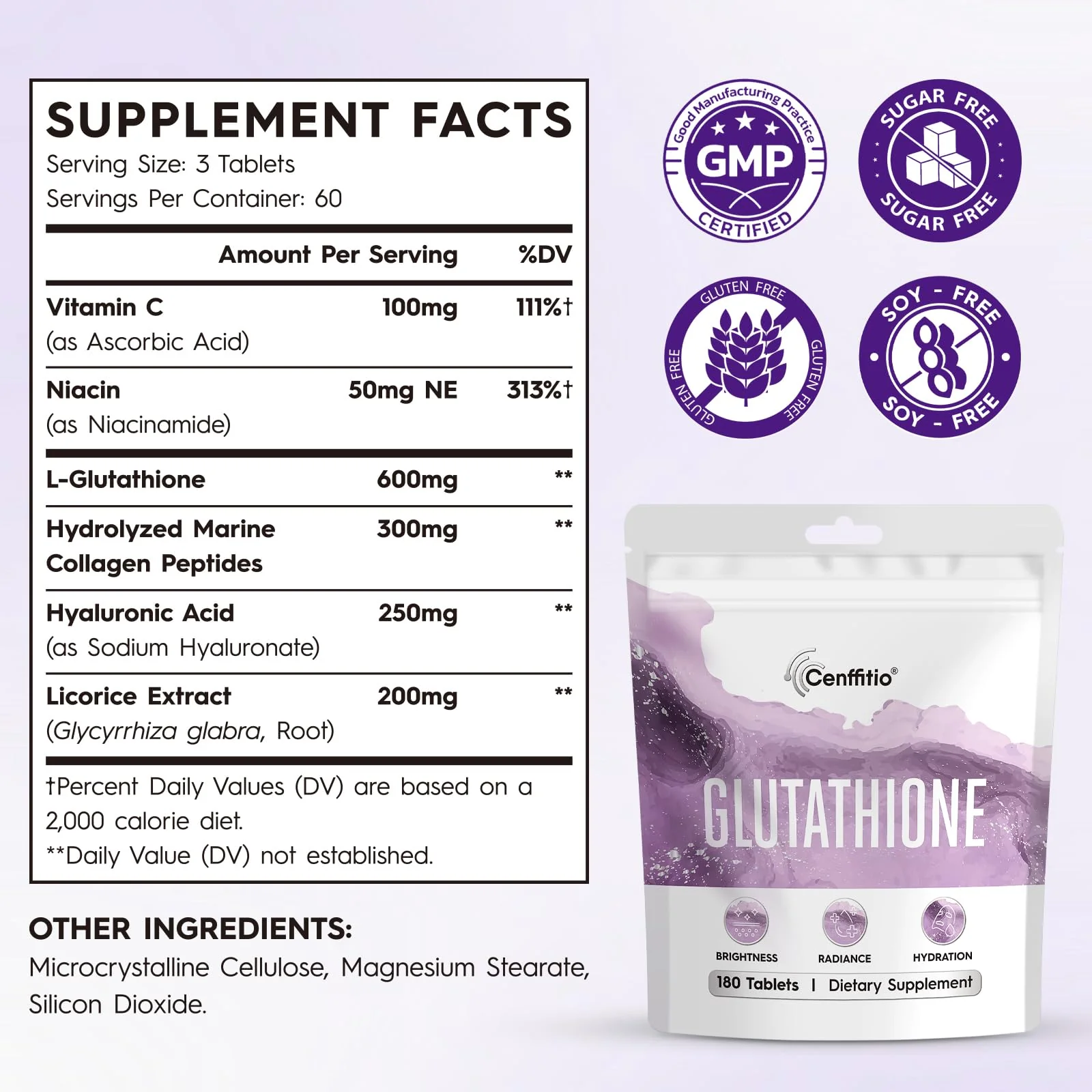 Cenffitio Glutathione Supplement – Skin Brightening Formula with Vitamin C, Niacinamide, Licorice Extract, Collagen & Hyaluronic Acid – for Skin Brightness, Radiance & Hydration – 180 Tablets - Image 7