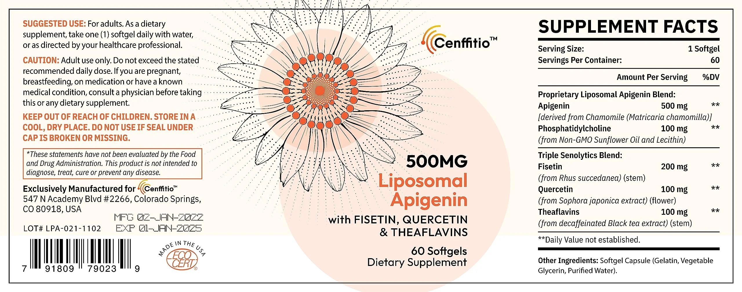 Cenffitio Liposomal apigenin 500mg Softgels - Optimal Apigenin Supplement with Fisetin, Quercetin and Theaflavins (60 Count (Pack of 1))