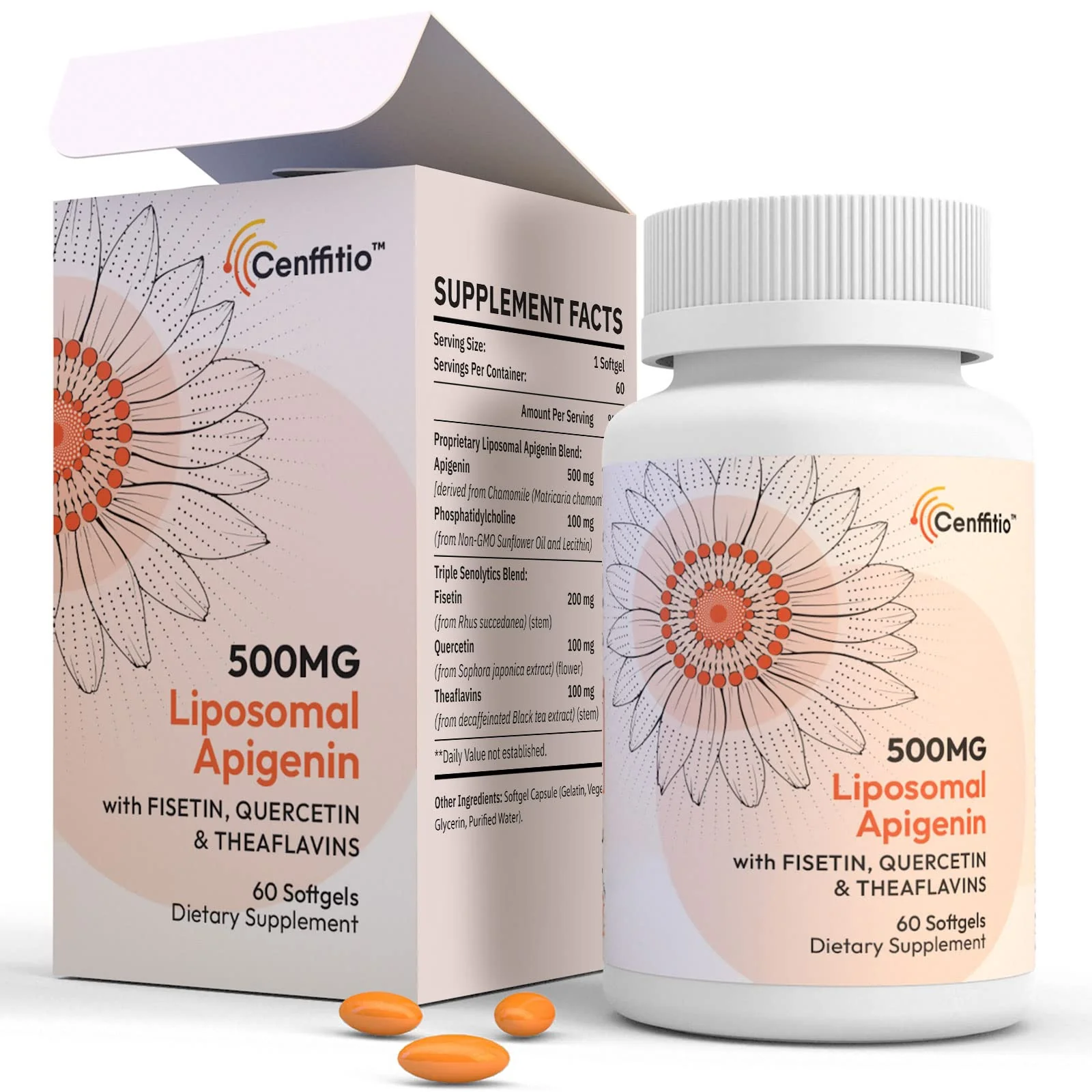 Cenffitio Liposomal apigenin 500mg Softgels - Optimal Apigenin Supplement with Fisetin, Quercetin and Theaflavins (60 Count (Pack of 1)) - Image 2