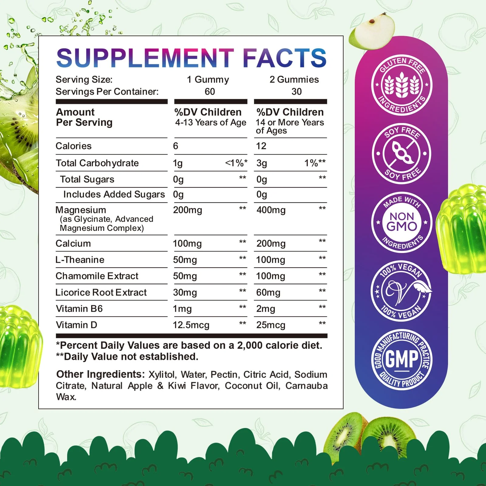 Center-Filled Kids Magnesium Gummies - Magnesium Glycinate Gummies for Kids & Adults with L-Theanine, Chamomile, Licorice, Vitamin D, B6 for Sleep, Relaxation, Brain & Muscle - Sugar Free Apple & Kiwi - Image 2