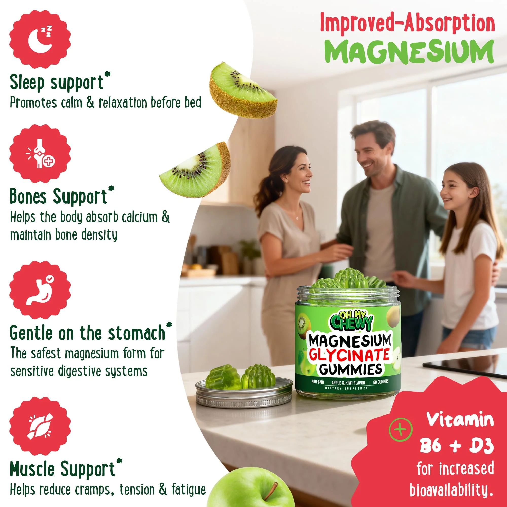 Center-Filled Magnesium Glycinate Gummies 400MG - High Absorption for Kids, Teens & Adults - Supplement for Sleep, Calm & Muscle Relaxation with B6 & D3 - Gluten Free & Vegan Friendly - 120 Count - Image 3