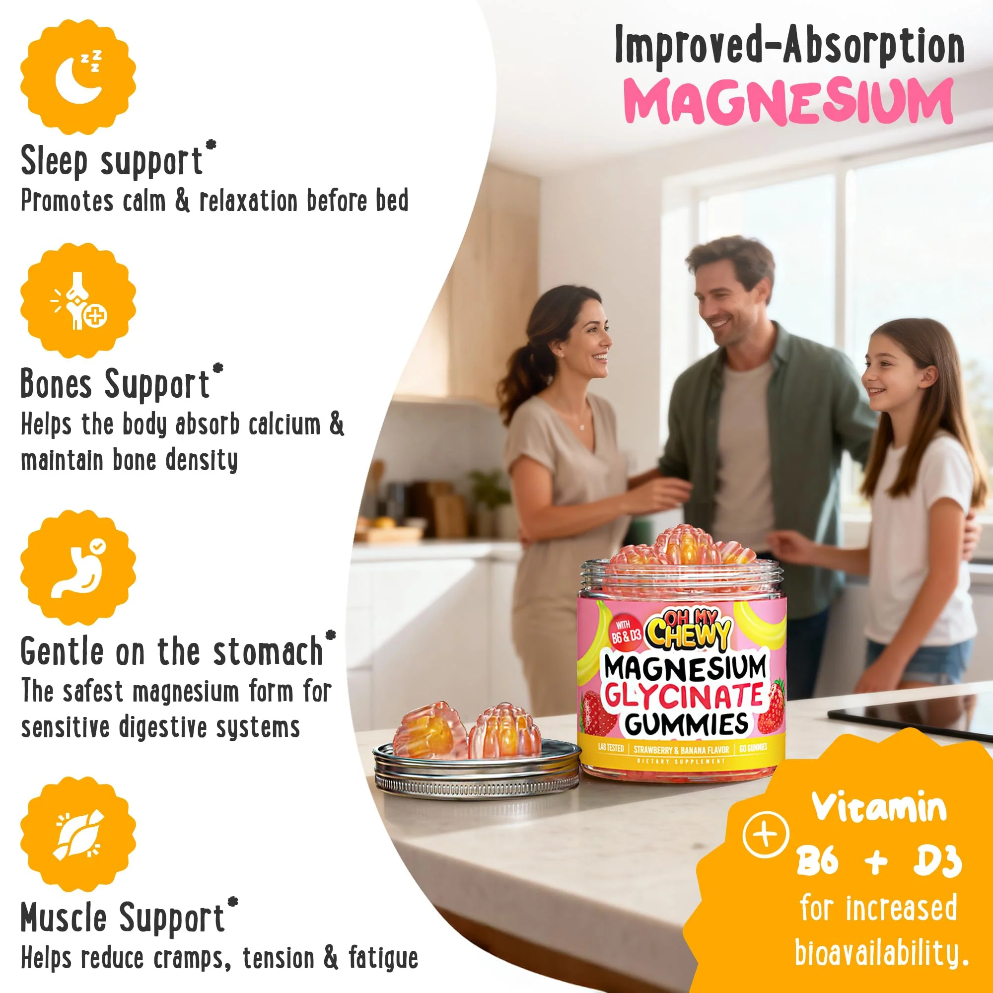 Center-Filled Magnesium Glycinate Gummies 400MG - High Absorption for Kids, Teens & Adults - Supplement for Sleep, Calm & Muscle Relaxation with B6 & D3 - Gluten Free & Vegan Friendly - 120 Count - Image 3