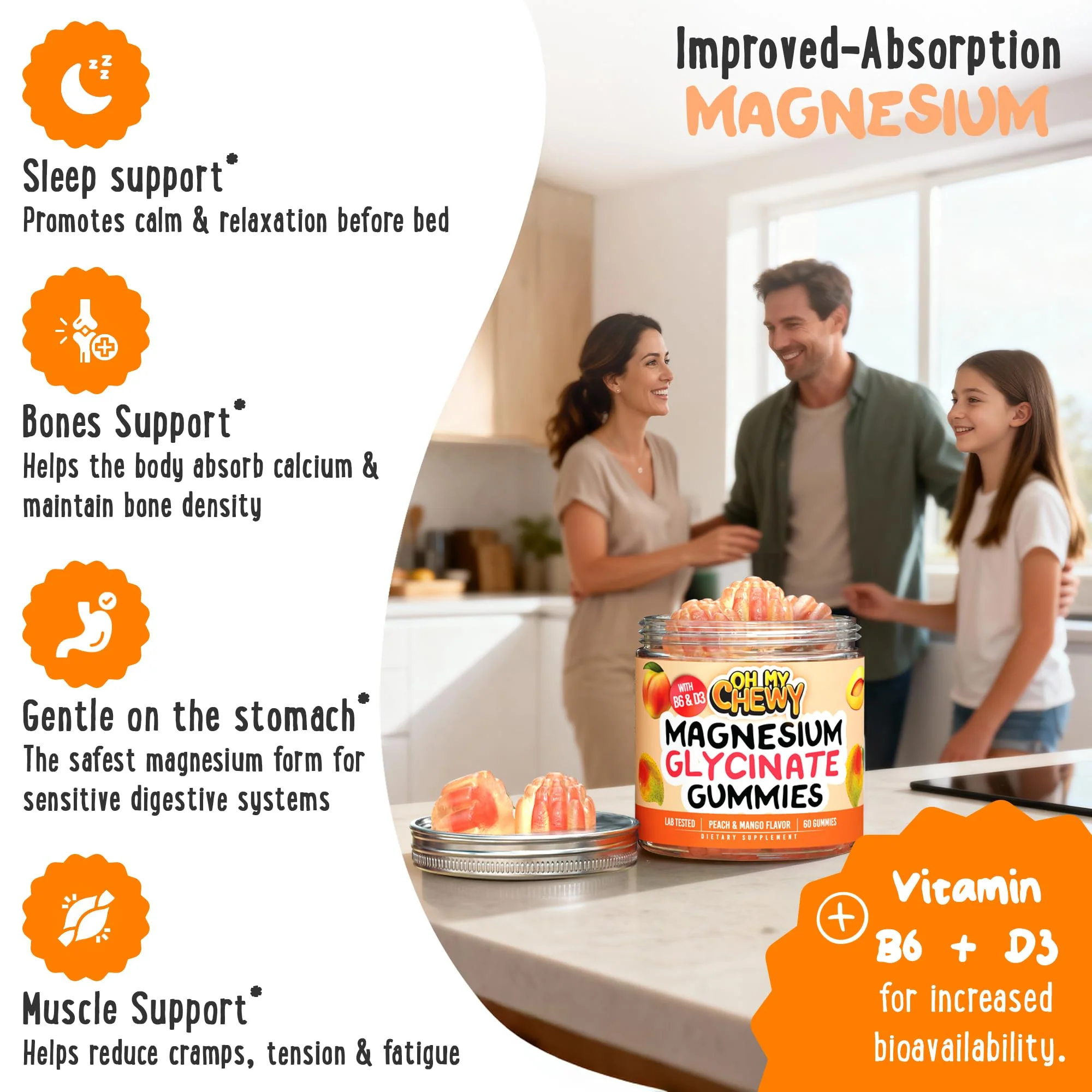 Center-Filled Magnesium Glycinate Gummies 400MG - High Absorption for Kids, Teens & Adults - Supplement for Sleep, Calm & Muscle Relaxation with B6 & D3 - Gluten Free & Vegan Friendly - 60 Count - Image 3