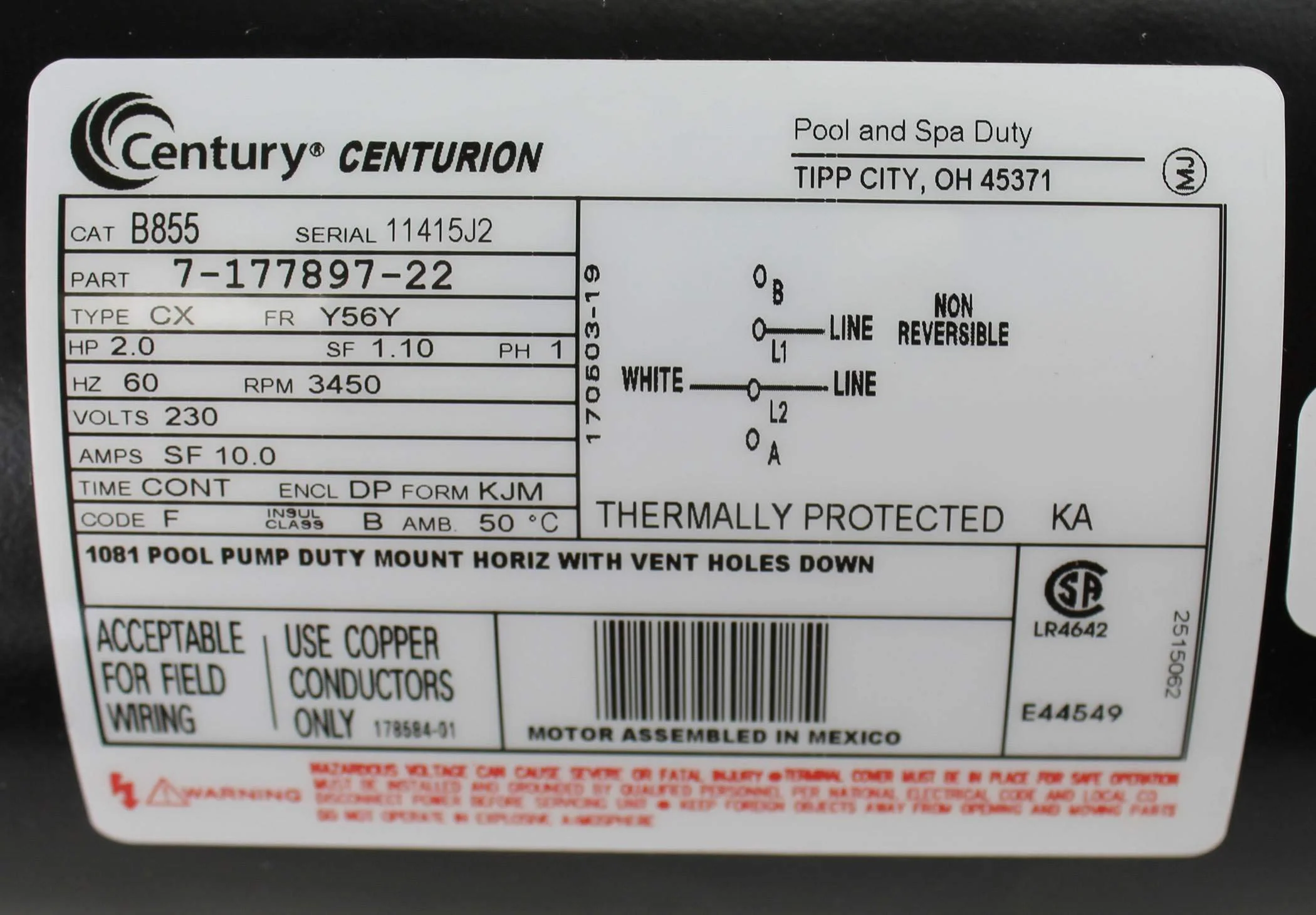 Century Electric B855 2-Horsepower 56Y-Frame Up-Rated Square Flange Replacement Motor (Formerly A.O. Smith) - Image 2