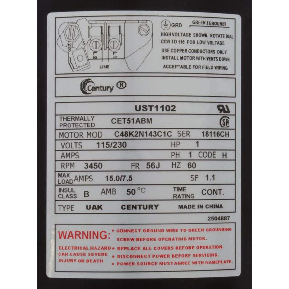 Century UST1102 1-Horsepower Up-Rated Round Flange Replacement Motor (Formerly A.O. Smith) - Image 5