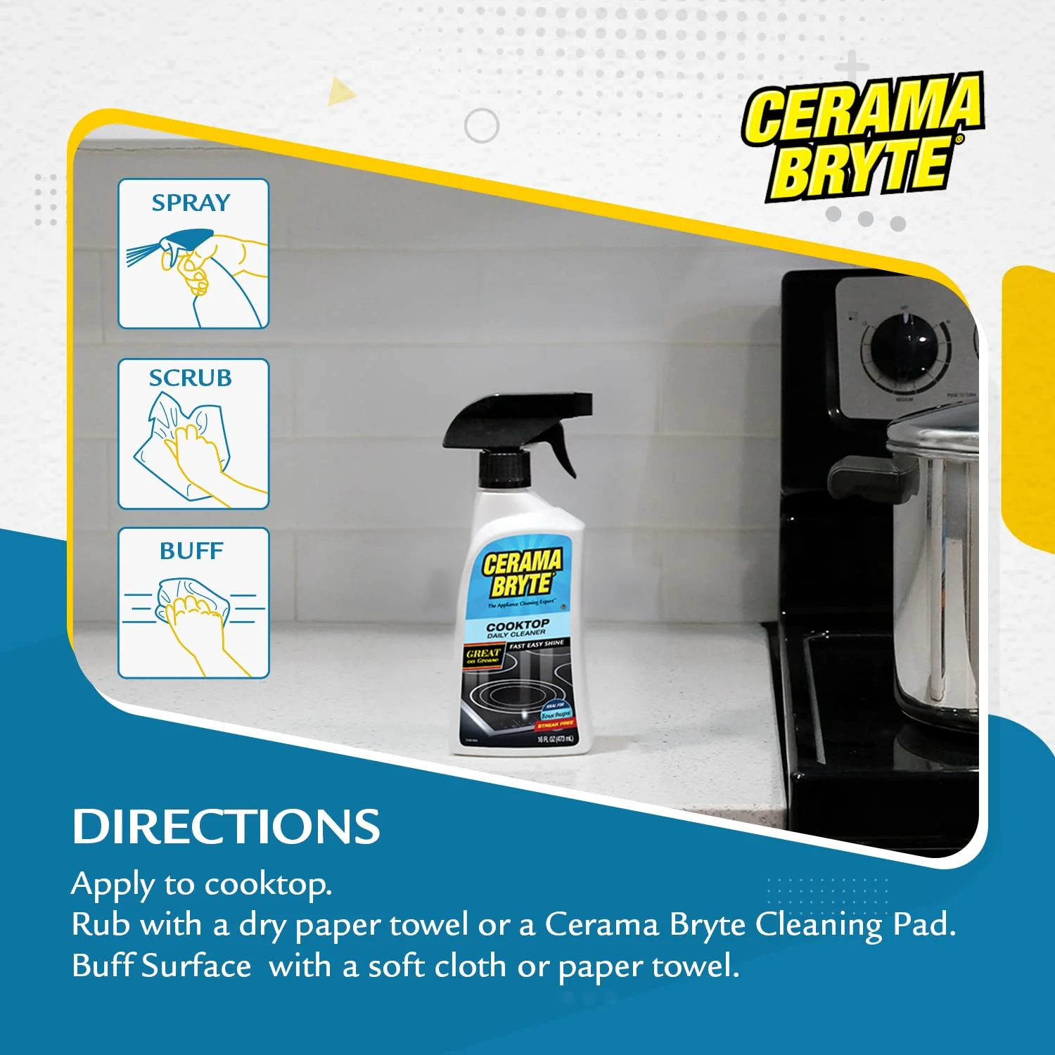 Cerama Bryte Daily Spray Cooktop and Stove Top Cleaner for Glass & Pads Combo Kit - Ceramic Surfaces, 16 Fluid Ounces, 4 Piece Set - Image 7