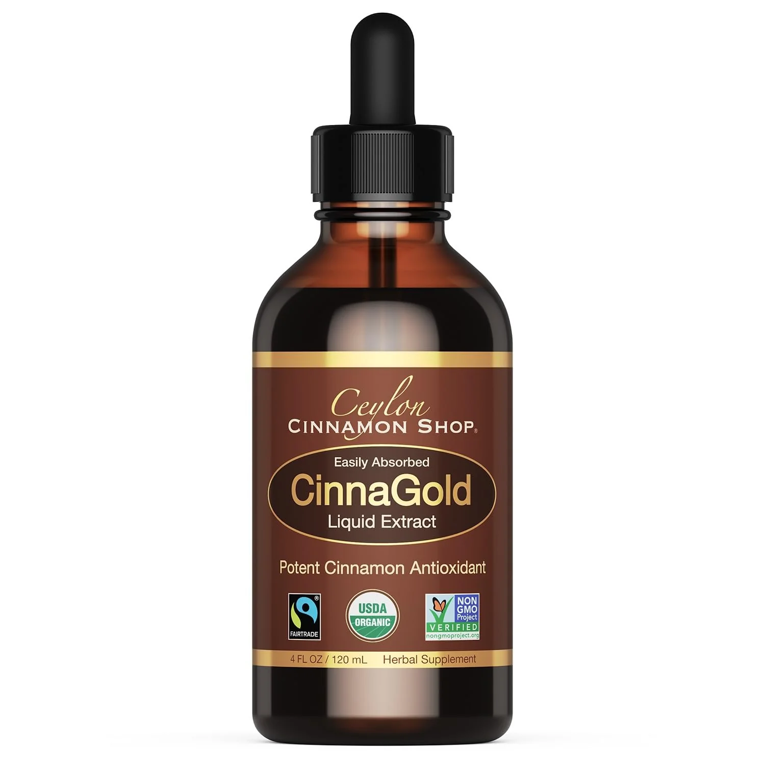 Ceylon Cinnamon Shop CinnaGold™ Organic Ceylon Cinnamon (100% Certified) Supplement, High-Potency Liquid Extract, 4 oz. – Super Antioxidant