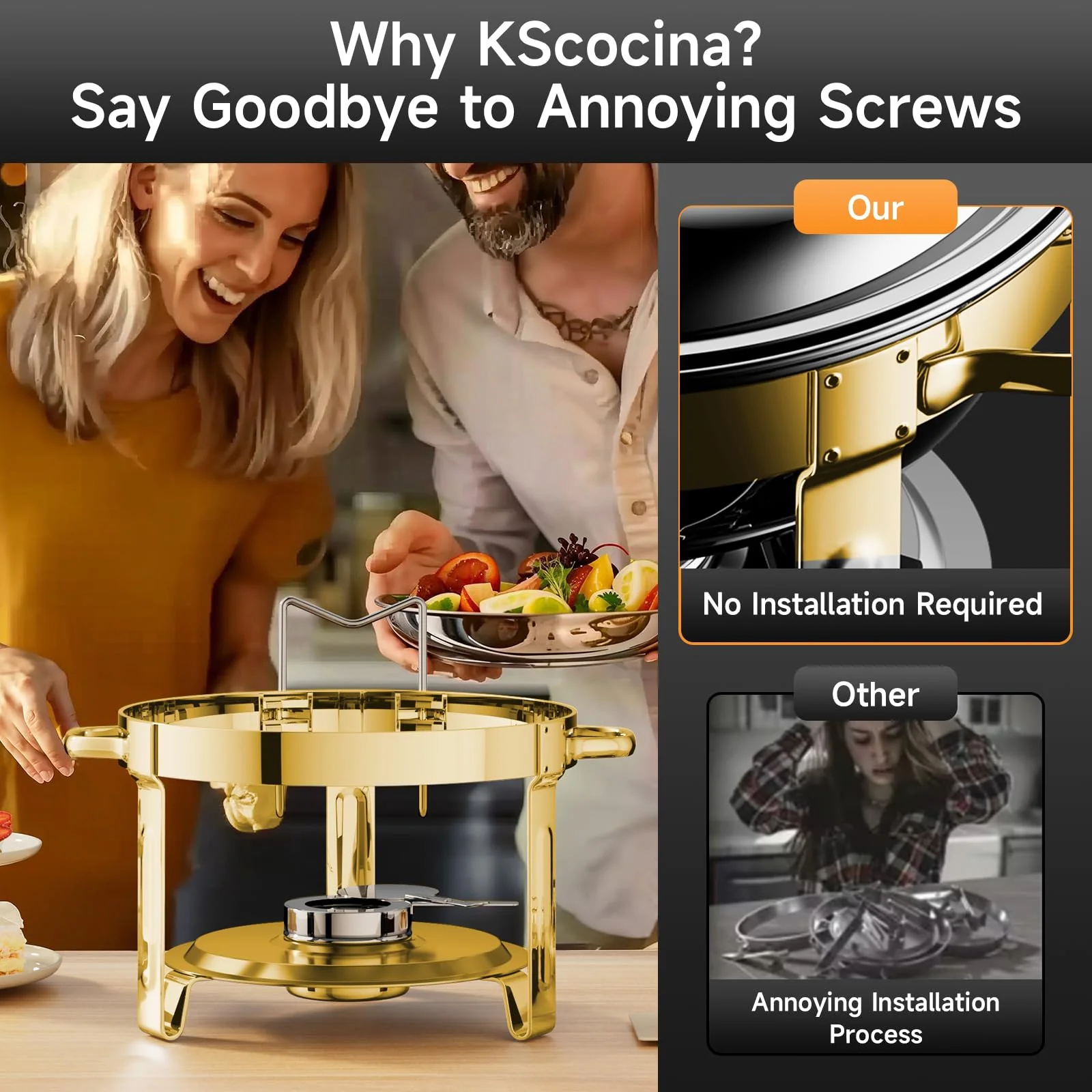 Chafing Dishes for Buffet, 4 Pack 5QT Round Stainless Steel Chafing Dish Set for Home Parties, Christmas Gatherings, Catering Events Complete Buffet Warmer Set (Golden 4) - Image 5