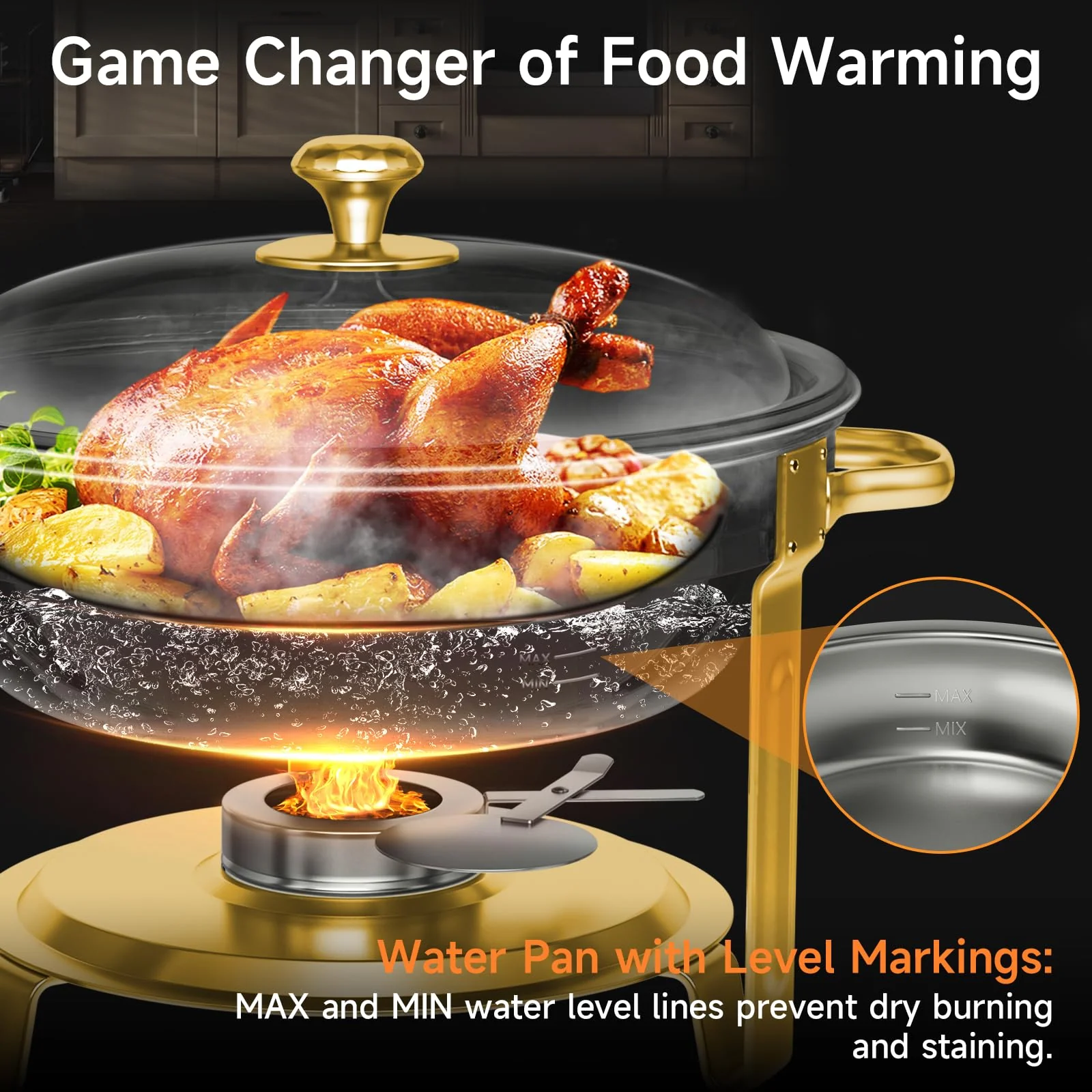 Chafing Dishes for Buffet, 4 Pack 5QT Round Stainless Steel Chafing Dish Set for Home Parties, Christmas Gatherings, Catering Events Complete Buffet Warmer Set (Golden 4) - Image 6