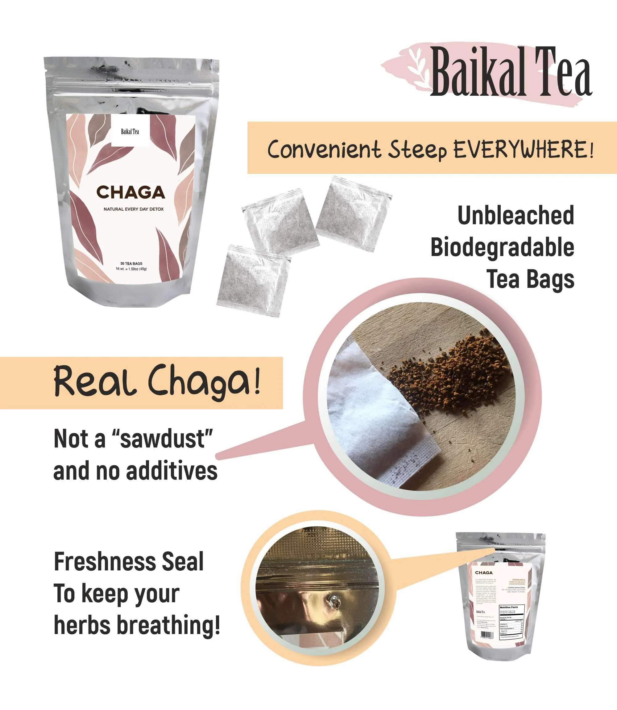 Chaga Tea - 100% Wild Siberian Birch Chaga Mushroom - Organic - 30 Unbleached Tea Bags - Pure No Additives - Natural Detox and Digestive Support - Hand-Picked by Baikal Tea - Image 3