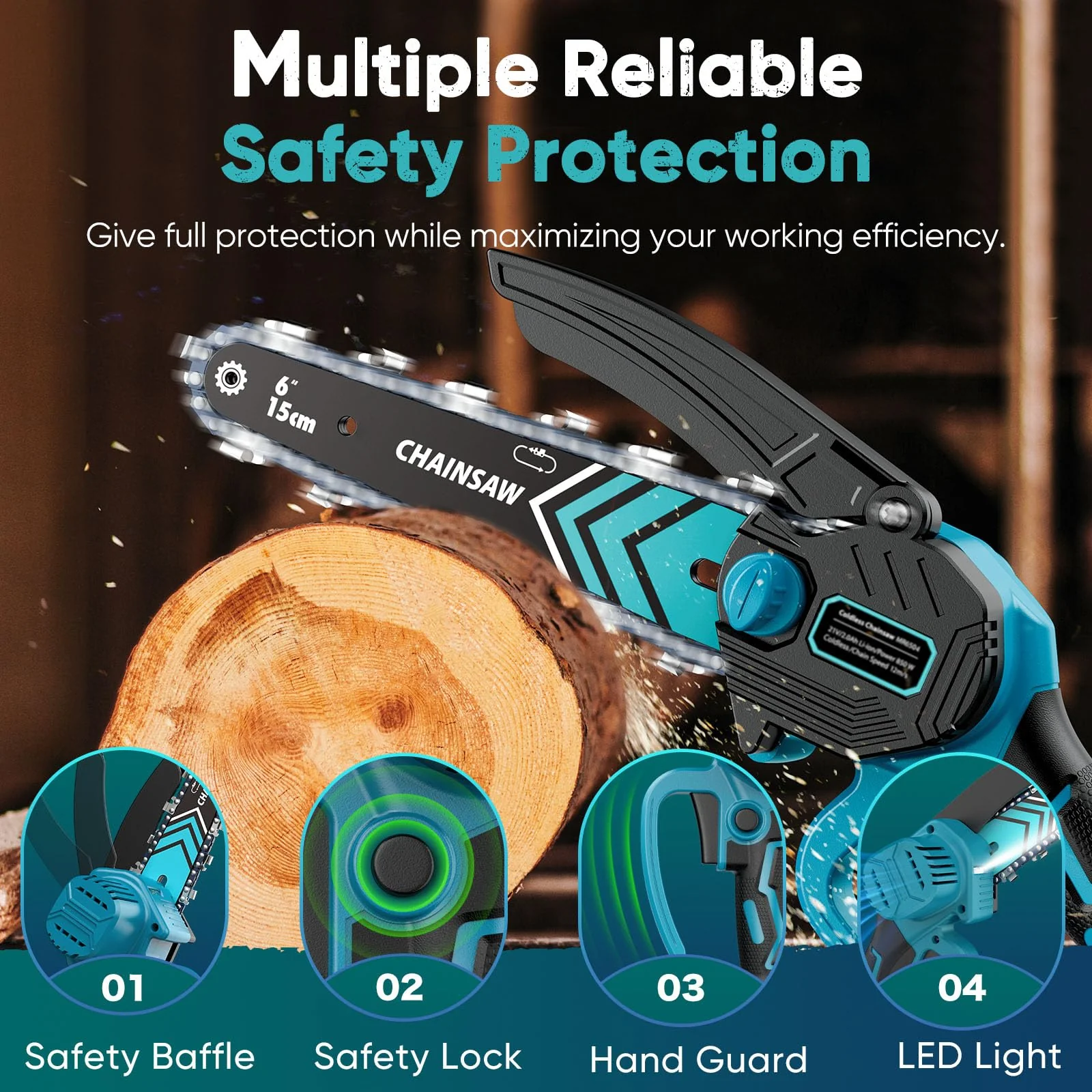 Chainsaw 6-Inch 2 Pack 2000mAh Battery Hand Mini Chain Saw Birthday Christmas Gifts for Men Portable Cordless for Wood Cutting Tree Trimming Projects Gardening Tools (Blue-2 Battery) - Image 7