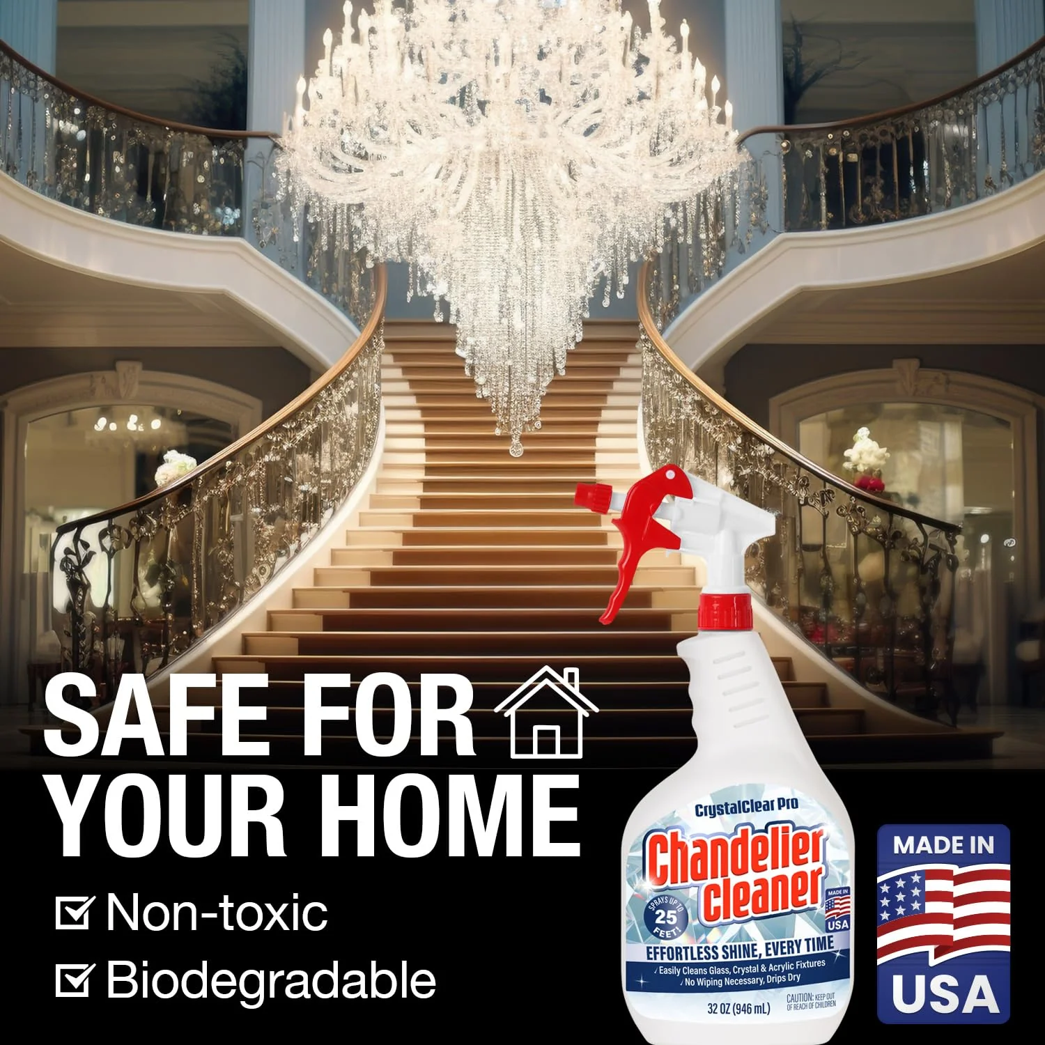 Chandelier Cleaner Drip Dry Spray - No Wipe Formula for Effortless, Streak-Free Shine on Crystal, Glass & Brass - Sprays up to 25 feet! Biodegradable, Non-Toxic & Time-Saving, 32 oz - Made in USA - Image 3