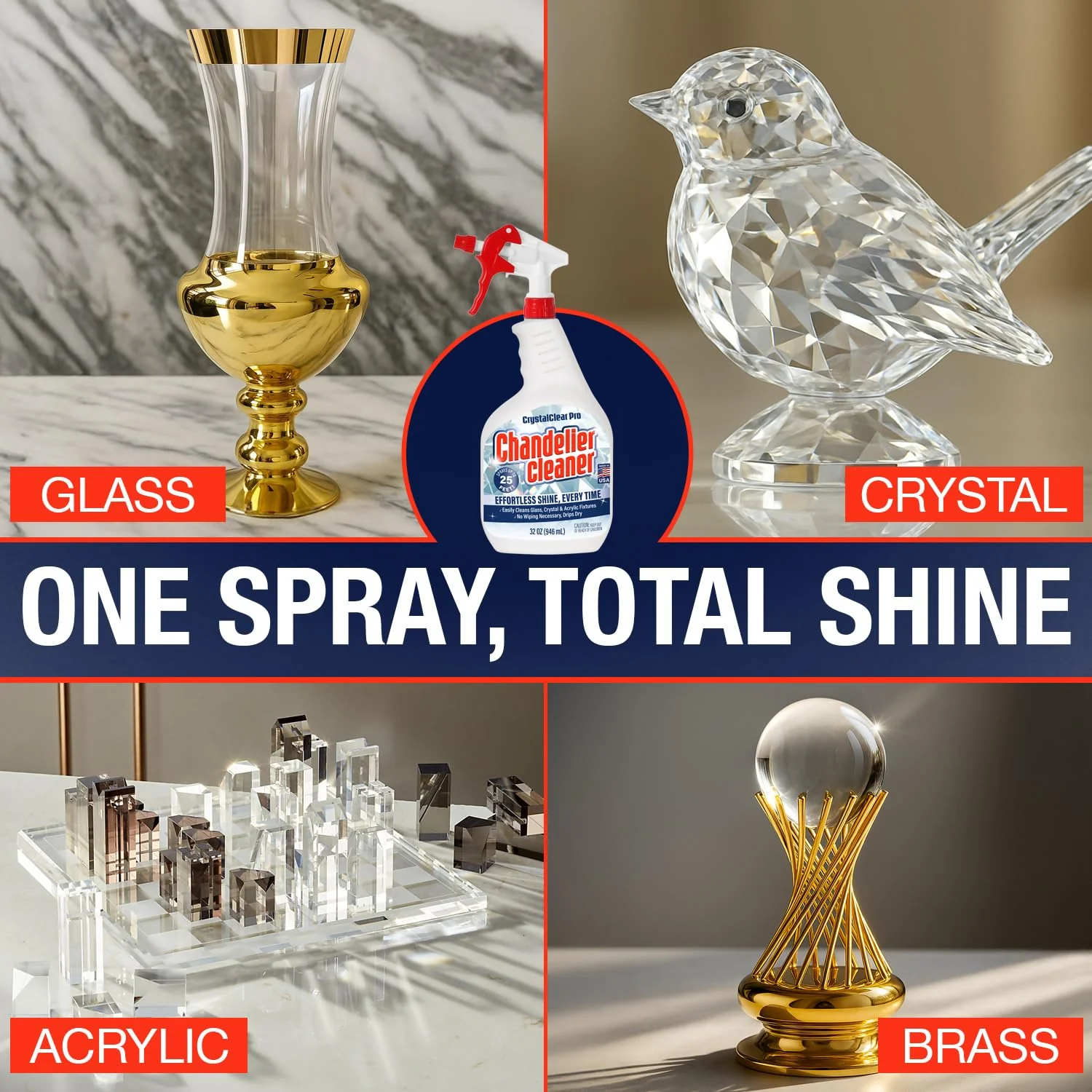 Chandelier Cleaner Drip Dry Spray - No Wipe Formula for Effortless, Streak-Free Shine on Crystal, Glass & Brass - Sprays up to 25 feet! Biodegradable, Non-Toxic & Time-Saving, 32 oz - Made in USA - Image 4