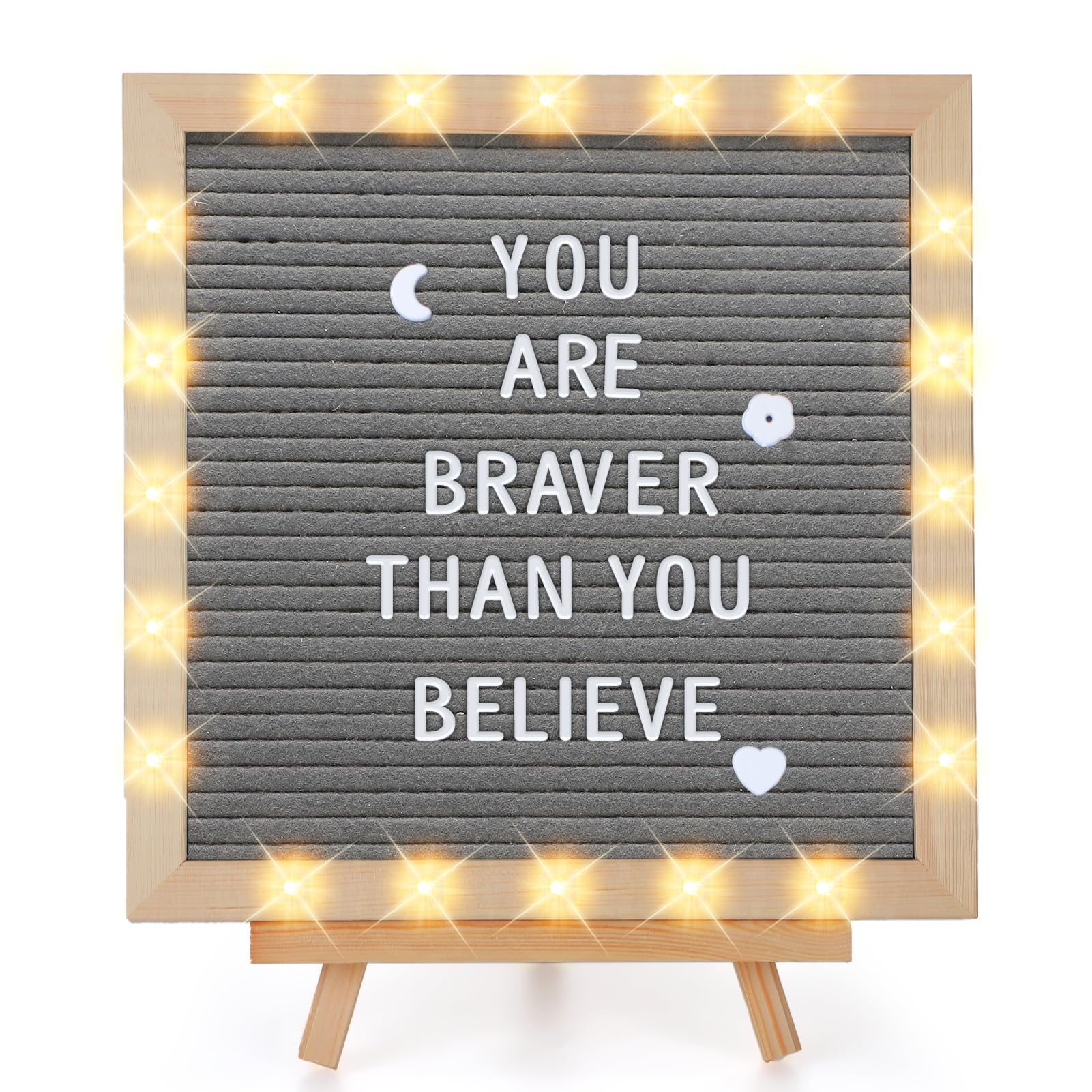 Changeable Felt Letter Board with LED Lights - 10��10" Message Custom Signs & Wood Stand & 450 Letters, Poster Board for Christmas/Pregnancy/Baby Announcement/Classroom Wall Decor Gifts, Grey