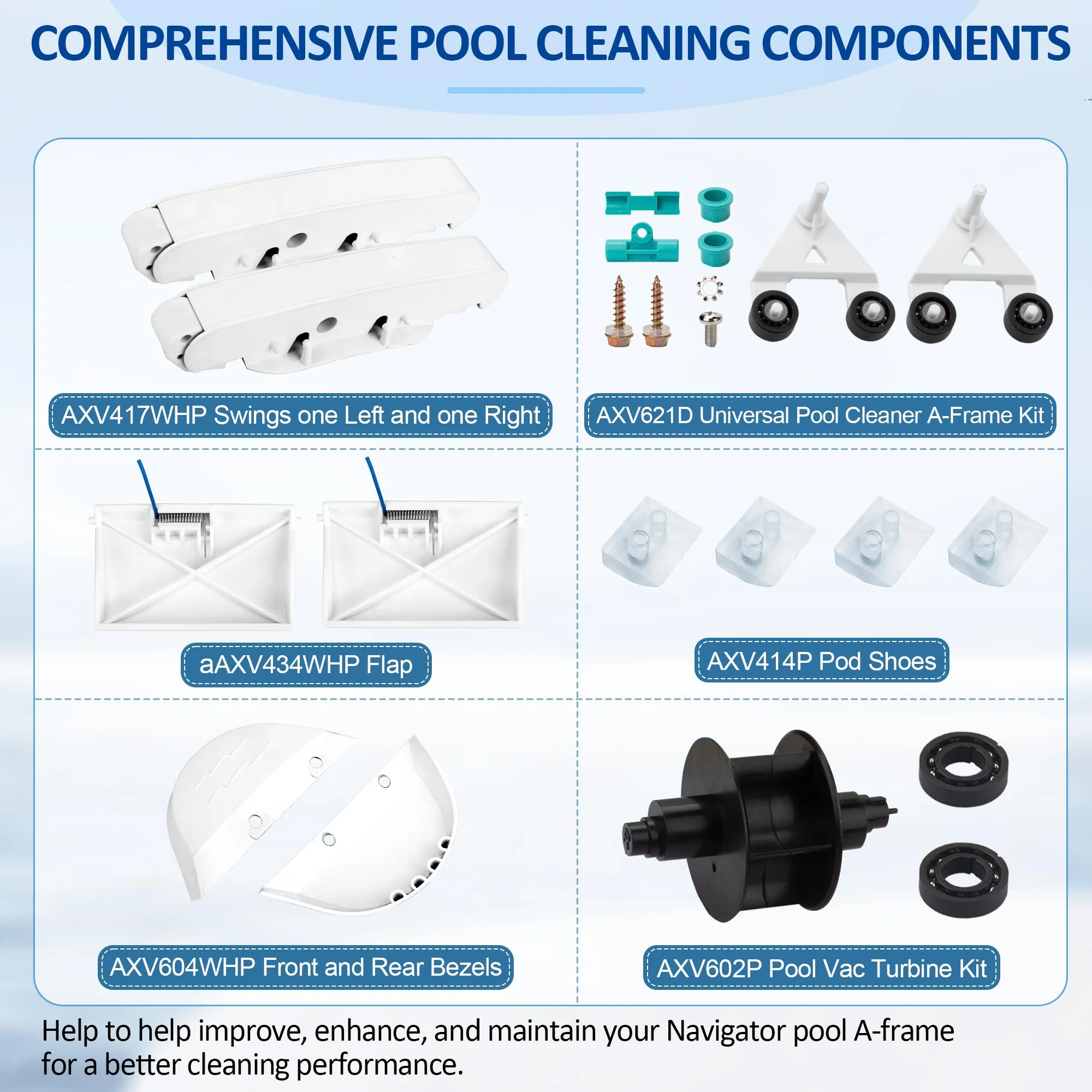 ChangTa Pool Cleaner Pod Swing Combo Kit, AXV621DAT Pool Vac A-Frame/Turbine Tune-Up Rebuild Kit + AXV417WHP Pod + AXV604WHP Bezel + Shoes + Flaps for Hayward Pool Vac, Navigator, Ultra, Aqua Bug - Image 3