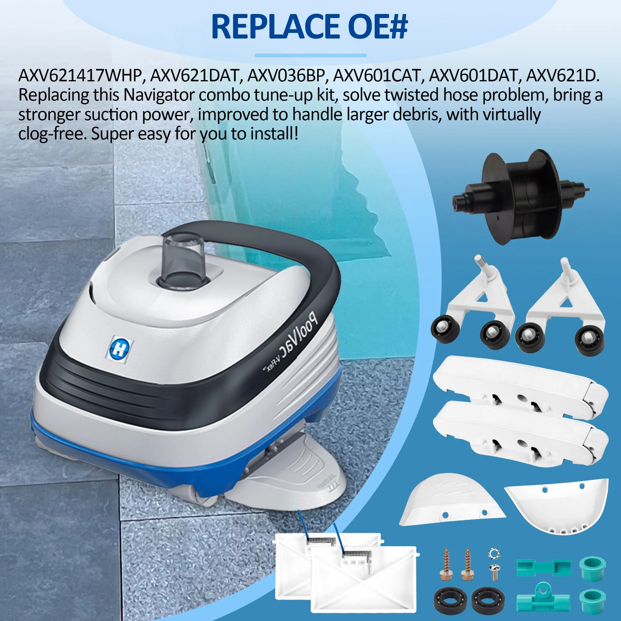ChangTa Pool Cleaner Pod Swing Combo Kit, AXV621DAT Pool Vac A-Frame/Turbine Tune-Up Rebuild Kit + AXV417WHP Pod + AXV604WHP Bezel + Shoes + Flaps for Hayward Pool Vac, Navigator, Ultra, Aqua Bug - Image 4