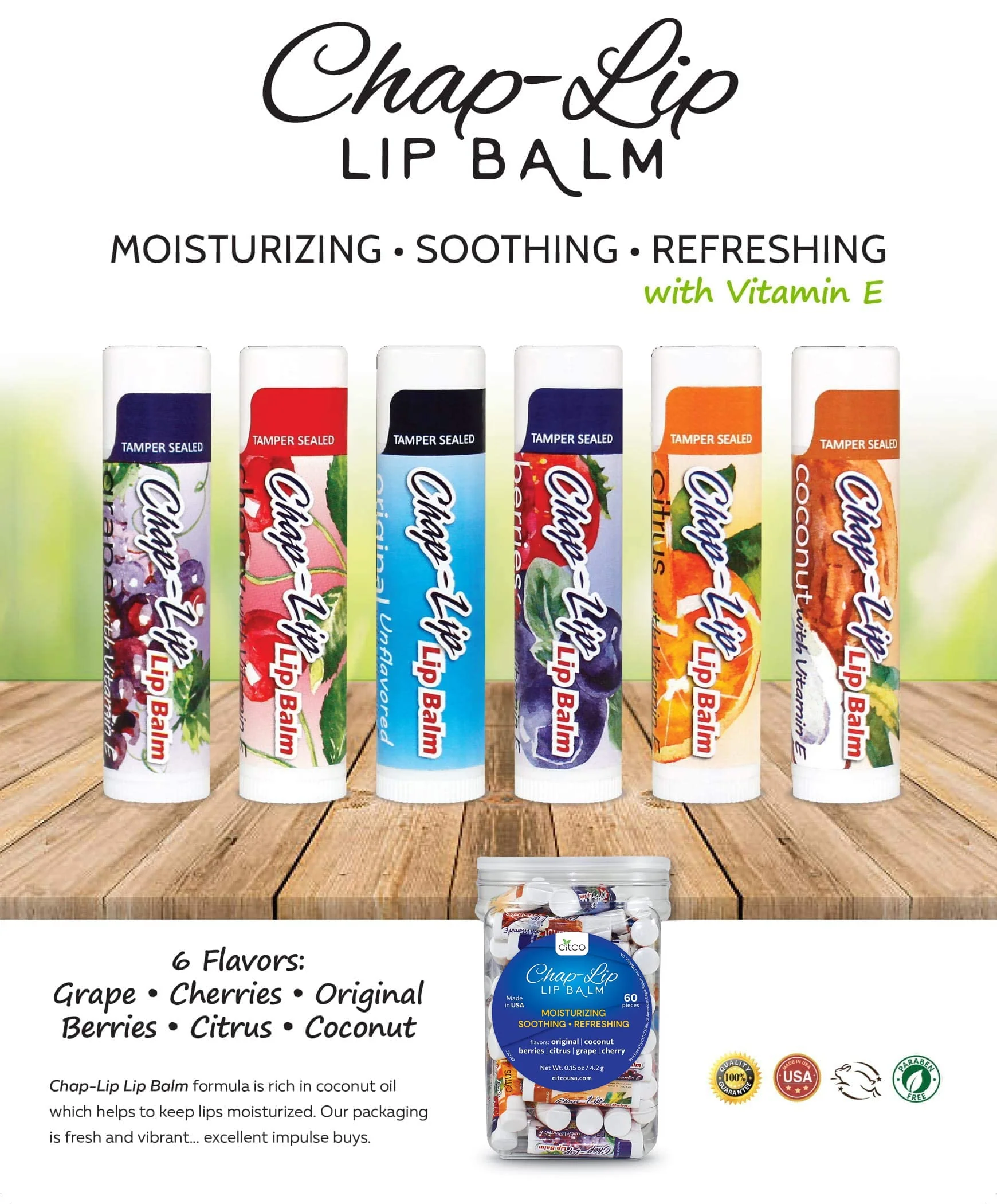 Chap-Lip Lip Balm Vitamin E with Coconut Oil - Lip Moisturizer Treatment - Moisturizing, Soothing, & Refreshing, Total Hydration Treatment & Lip Therapy - Assortment of 6 Refreshing Flavors, 48 Count - Image 4