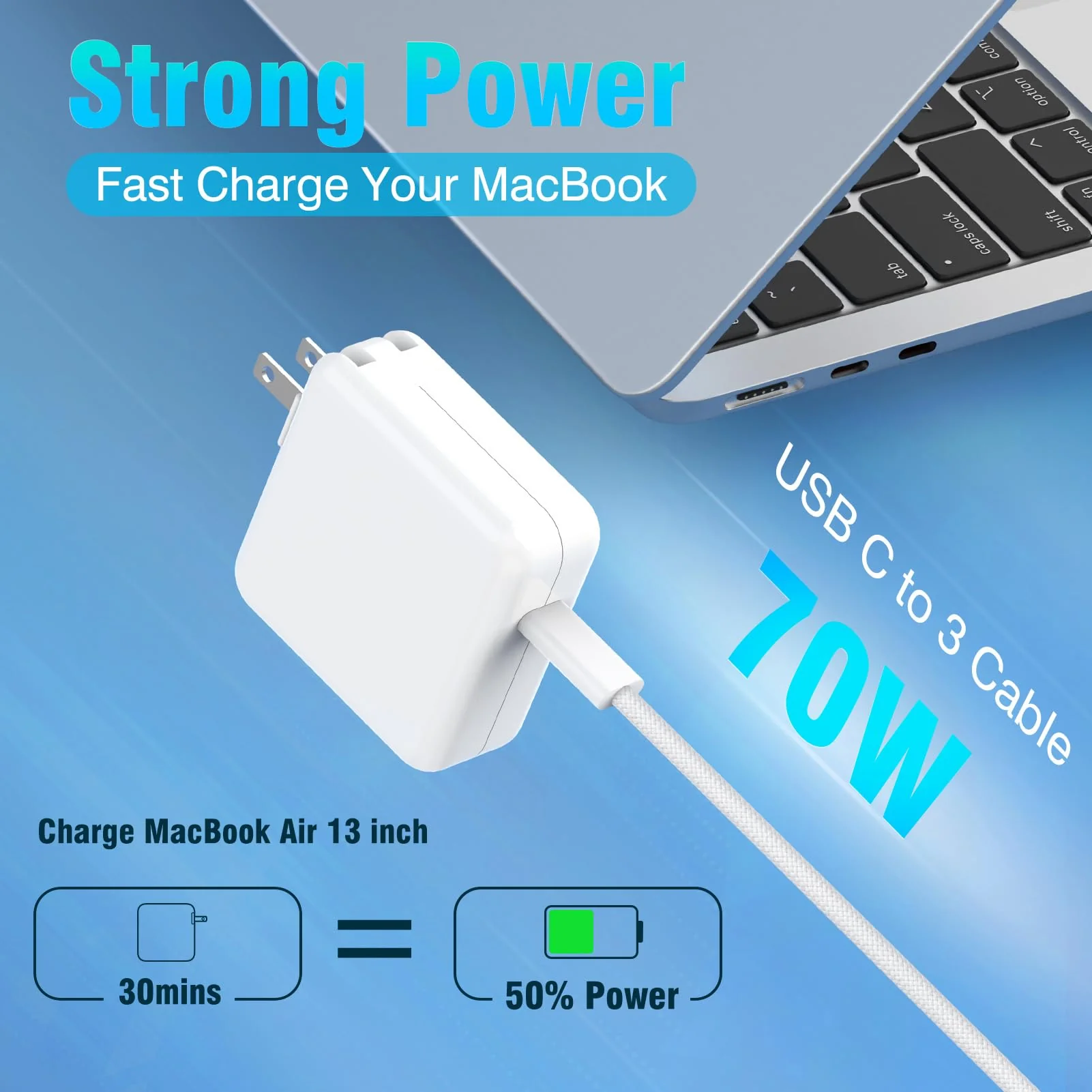Charger for MacBook Air 13 15 inch MacBook Pro 14 inch M5 M3 M2 M1 2026 2025 2024 2023 2022 2021, 70W USB C Power Adapter, 6.6FT USB C to 3 Braided Cable with LED, Powerful Connect, Original Quality - Image 2