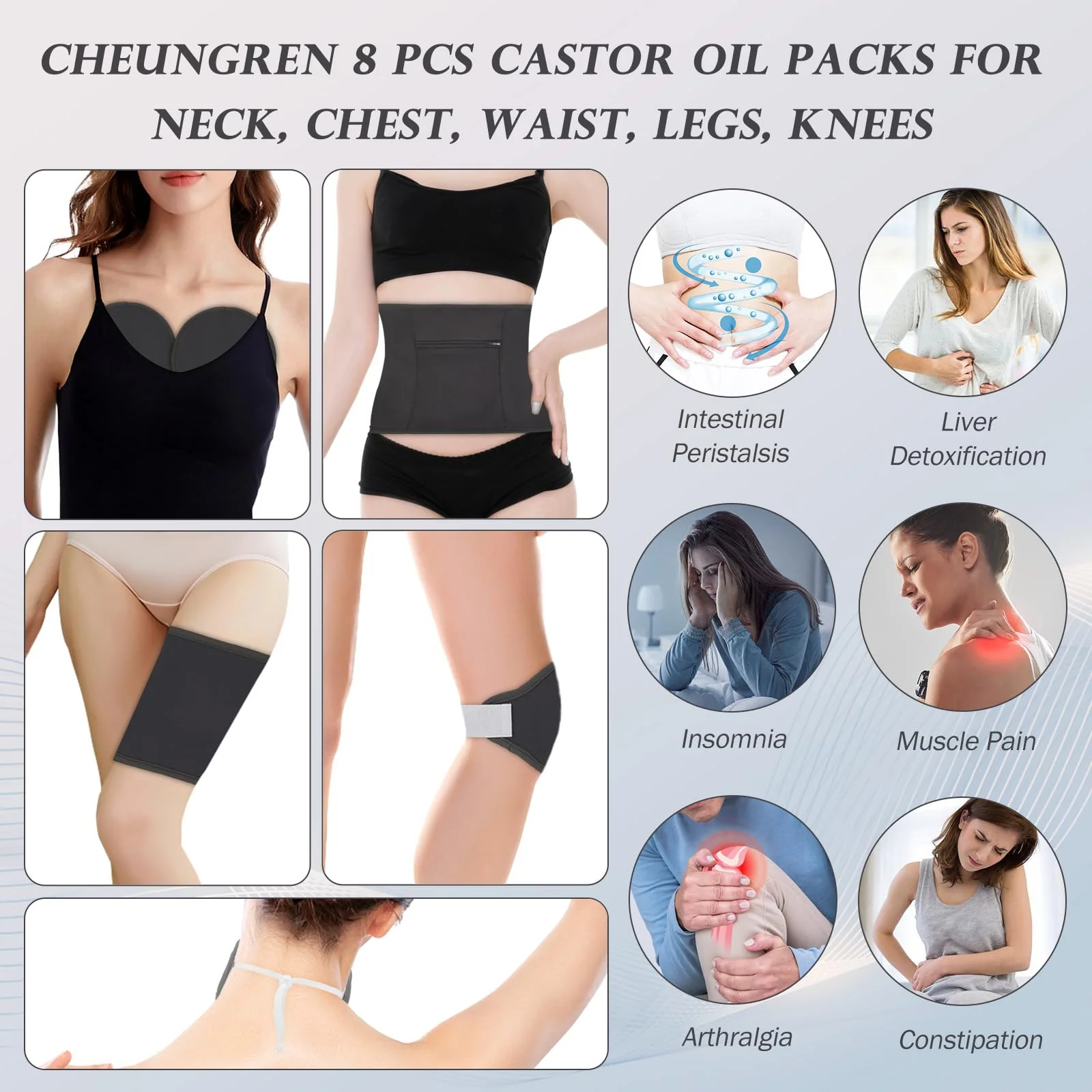 Cheungren Castor Oil Pack Wrap - 8 Pcs Reusable Castor Oil Pack with Adjustable Elastic Straps Castor Oil Packs for Shoulder Neck Knee Waist and Legs (Oil Not Included) - Grey - Image 3