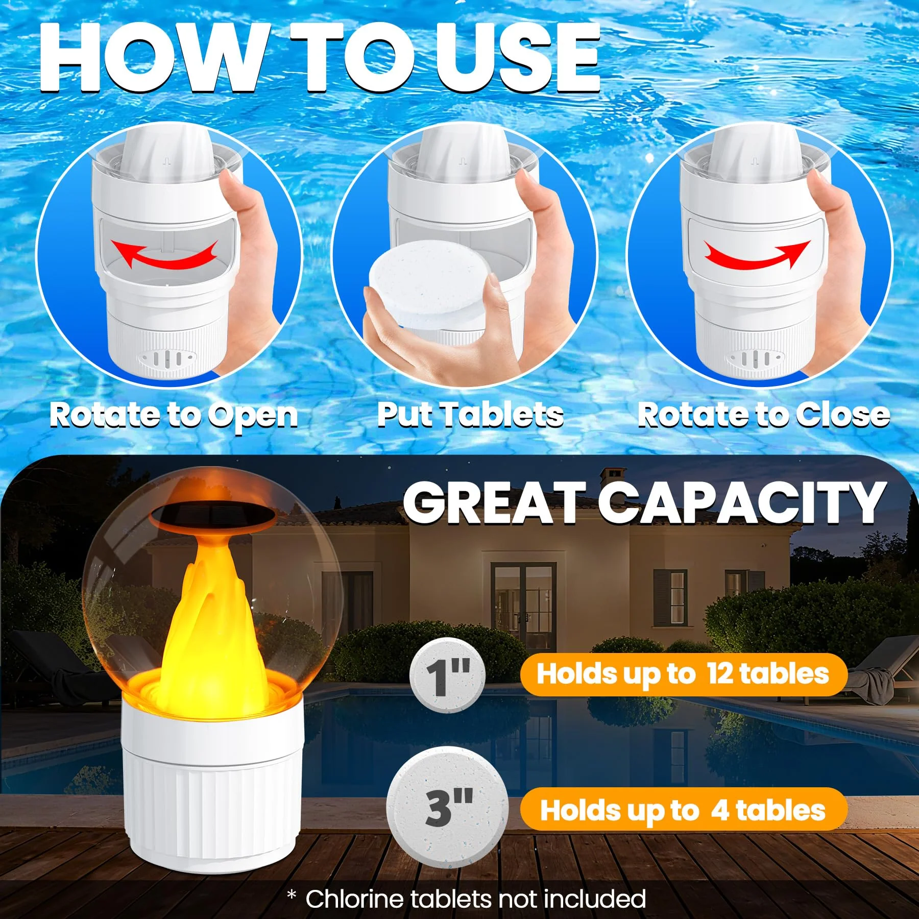 ChlorBlu Solar Chlorine Floater,Chlorine Floater with Solar Flame Light,Adjustable Release Floating Chlorine Dispenser for Pool,Large Capacity Pool Chlorine Floater,Chlorine Floater for Hot Tub(White) - Image 5
